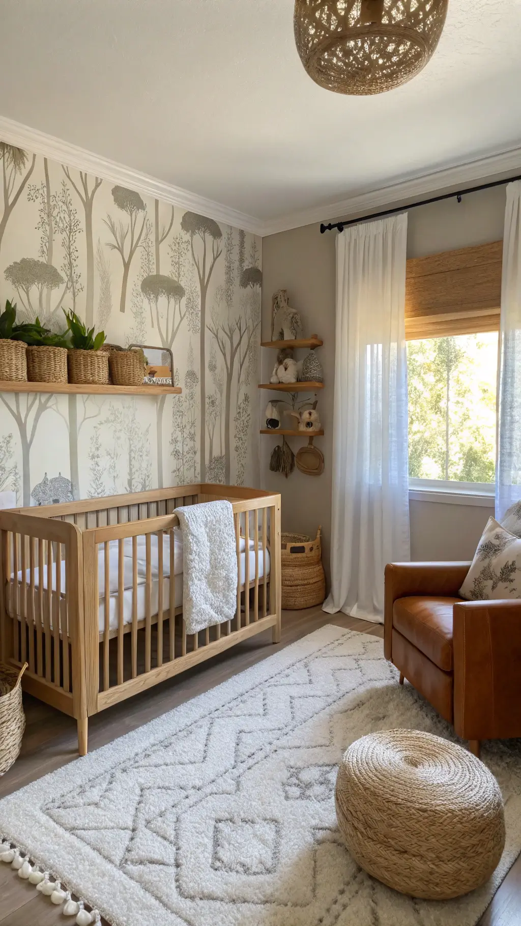 Safari-themed nursery in golden hour sunlight showcasing modern oak crib, cognac leather glider, woven baskets with stuffed animals, and botanical print over plush ivory rug