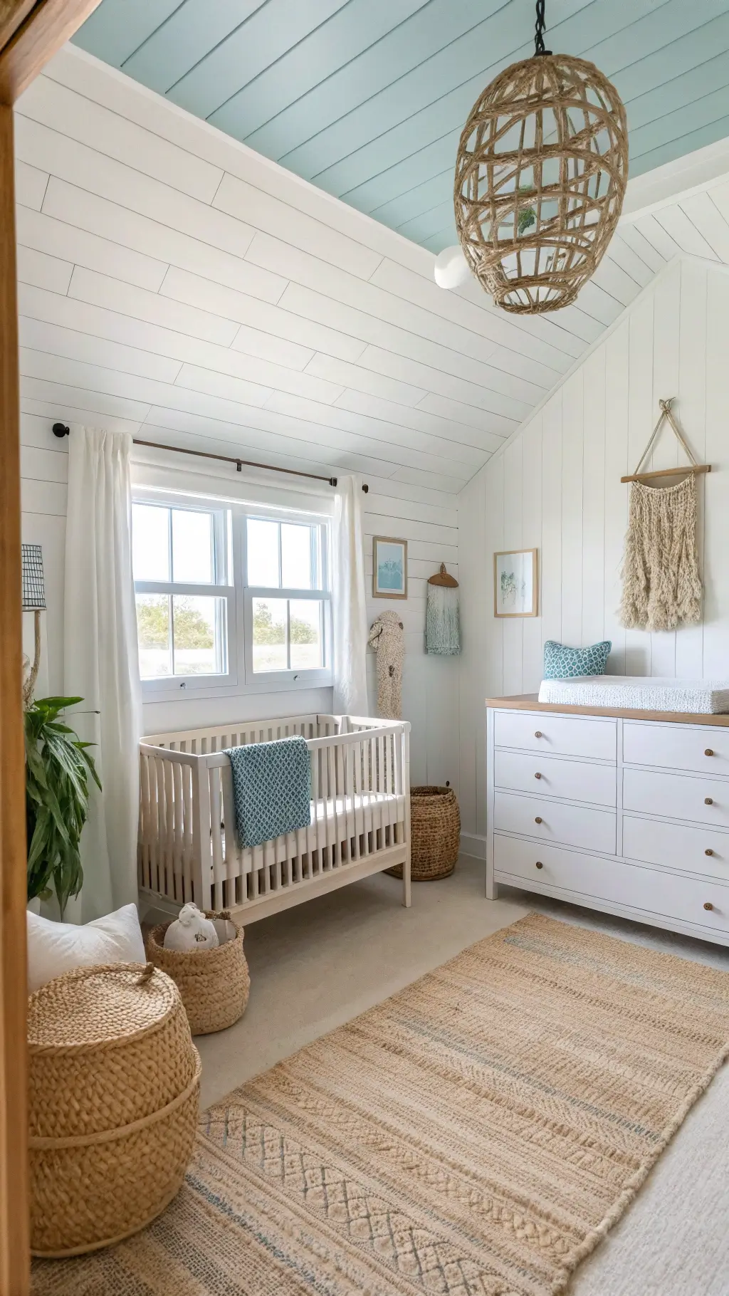 Coastal-themed nursery with white shiplap walls, sea-glass blue ceiling, light oak furniture, organic cotton textiles in seafoam and sand tones, and woven seagrass basket storage, beautifully illuminated by morning light.