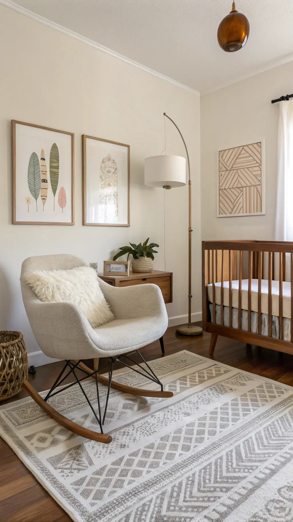 Midcentury modern nursery with walnut furniture, Eames rocking chair, abstract art, and geometric rug in afternoon light