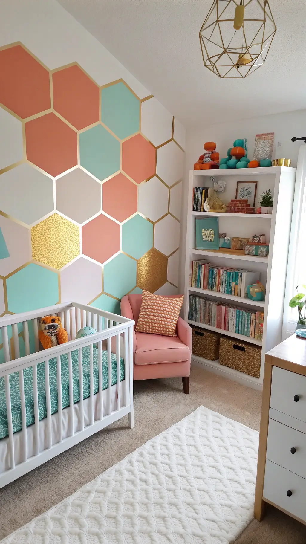 Elevated corner view of a cheerful nursery with hexagon wall decals in coral, mint, and gold, contrasted with clean white furniture and playful accents, natural and soft lighting illuminating a styled, built-in bookshelf.
