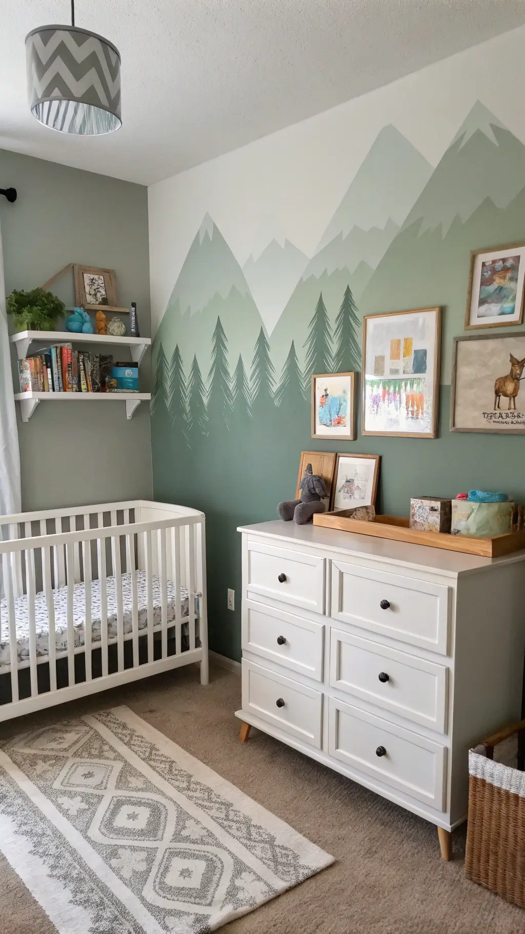 Bright, budget-conscious nursery with DIY mountain mural, white wooden crib, repurposed vintage dresser, handmade mobile, framed children's art, and IKEA book display shelves