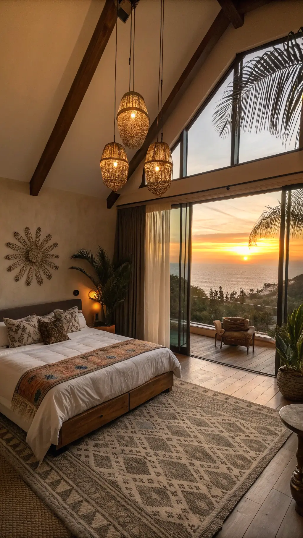 Sunset-lit high-ceiling bedroom with a California king bed adorned with a vintage Moroccan blanket, surrounded by pendant lights and floor-to-ceiling curtains on expansive windows. The room is decorated with global textiles in rust, ochre, and olive colors, and large palm and bird of paradise plants.