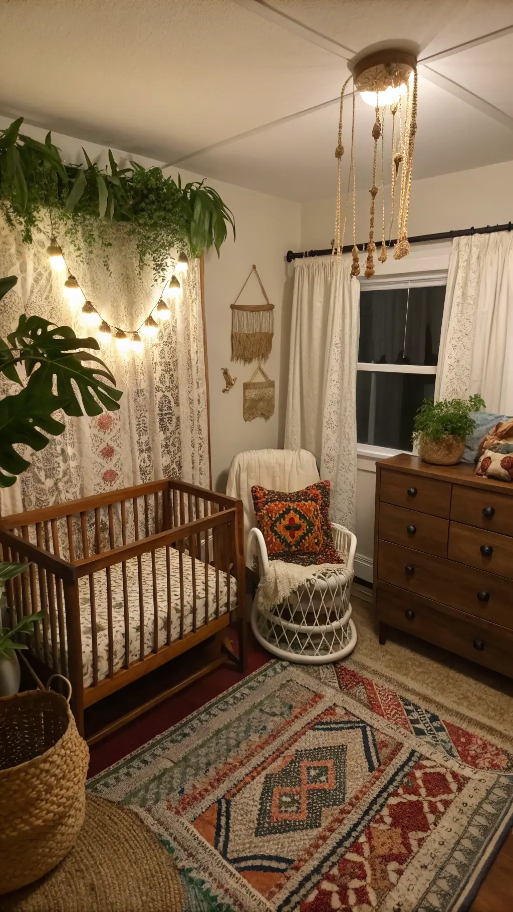 Elevated view of a dreamy bohemian nursery at dusk with macramé curtains, 1970s peacock chair, hanging plants on wooden beams, hand-painted antique dresser, and Moroccan rugs under warm artificial lighting.
