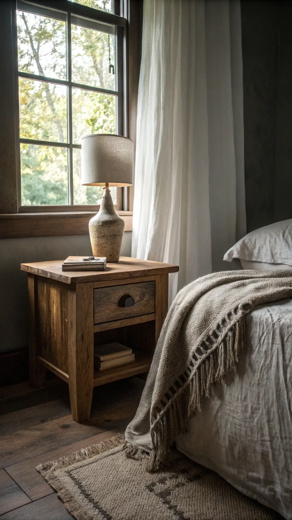 Intimate bedroom corner with northwest-facing window, reclaimed elm wabi sabi side table, sheer linen curtains, and handwoven wool throw on organic cotton bedding in muted tones of charcoal, oatmeal, and weathered wood.