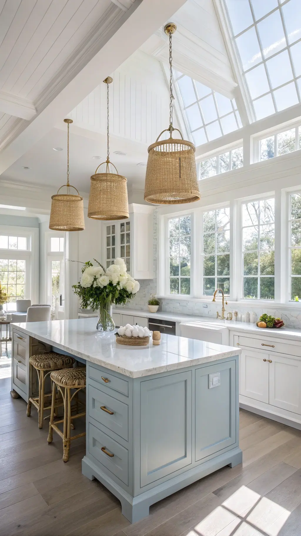 Sunny coastal kitchen with blue Shaker-style cabinets, white walls, Carrara marble countertops, subway tile backsplash, and a central island with a weathered oak base, decorated with fresh hydrangeas and natural fiber runners.