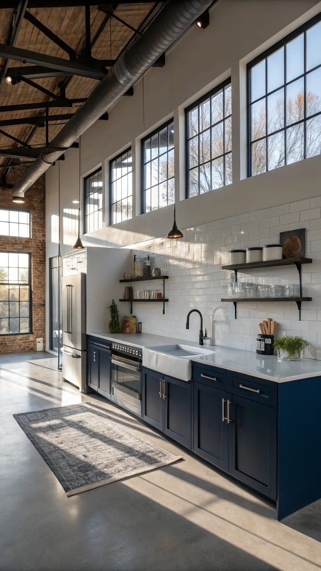 Modern and spacious navy statement kitchen with white quartz waterfall island, stainless appliances, and floating metal shelves displaying ceramics, shot from an elevated position near the dining area.