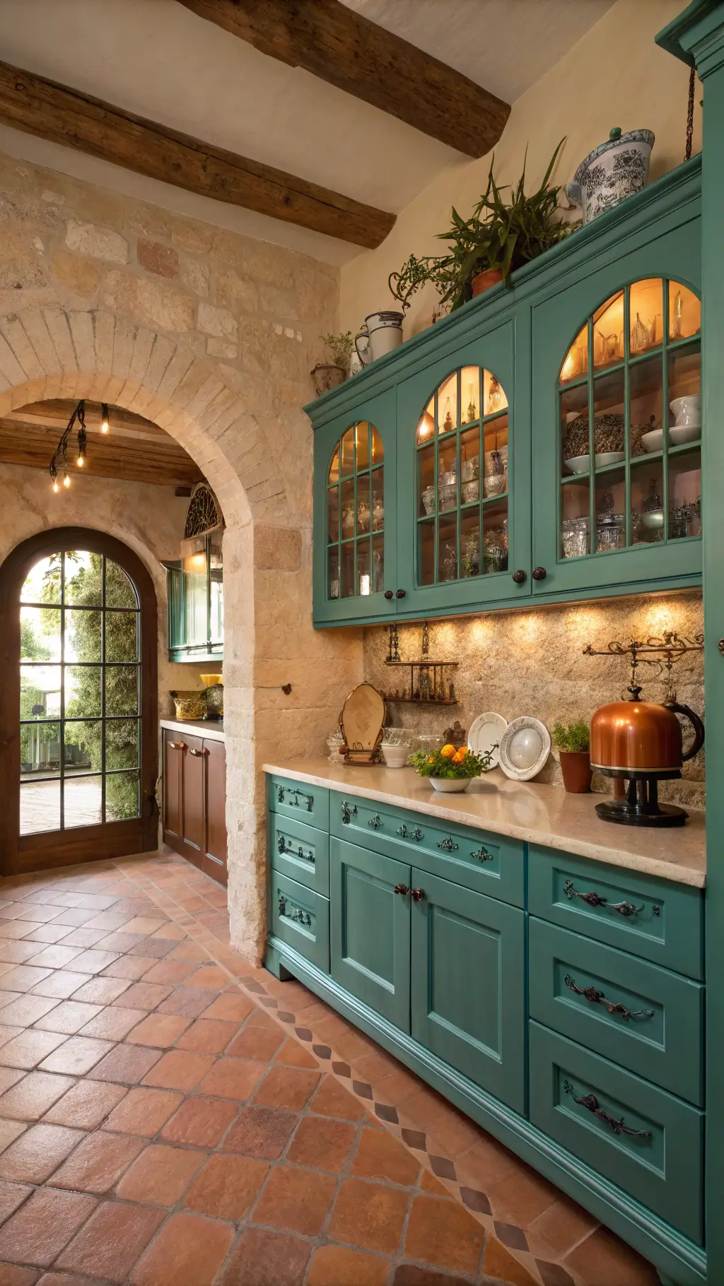 Mediterranean-style kitchen with teal cabinets, terracotta floors, and cream limestone countertops, featuring vintage dishware and olive wood accessories under warm artificial lighting.