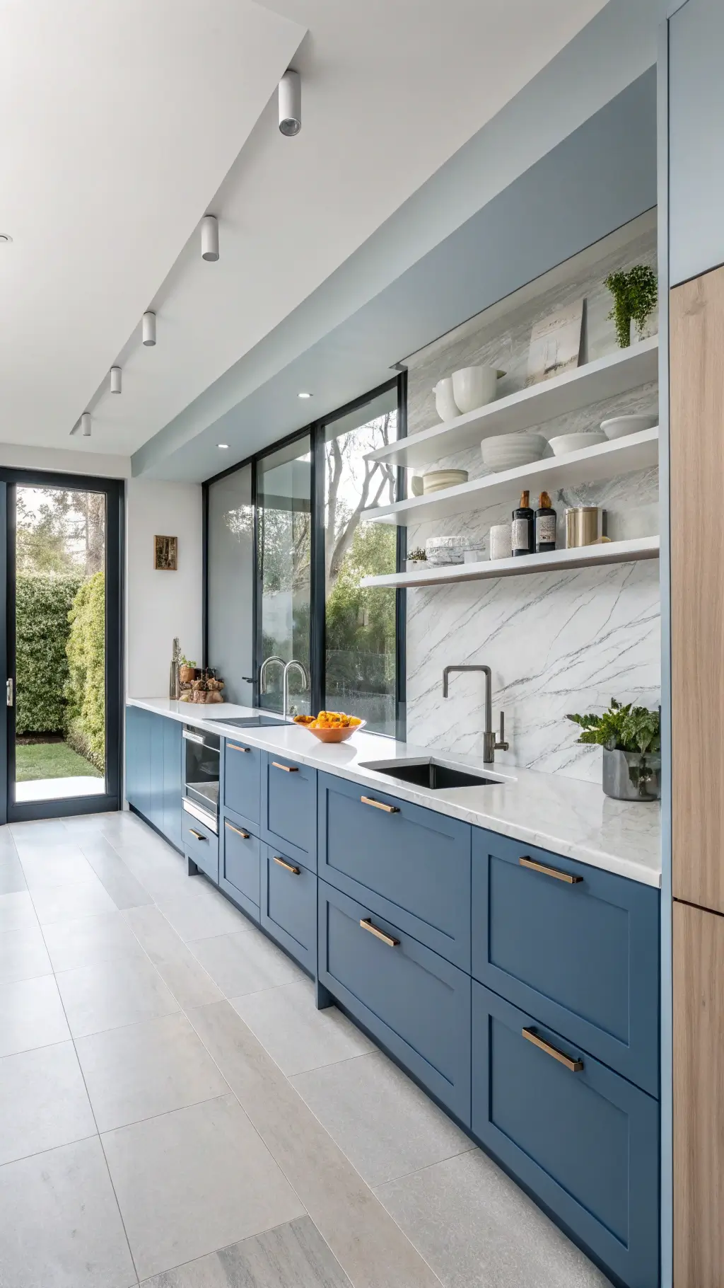 Contemporary kitchen with contrasting pale sky blue and deep sapphire cabinets, white stone counters, and bleached oak shelves, enhanced by midday light and shot straight-on to emphasize horizontal lines.