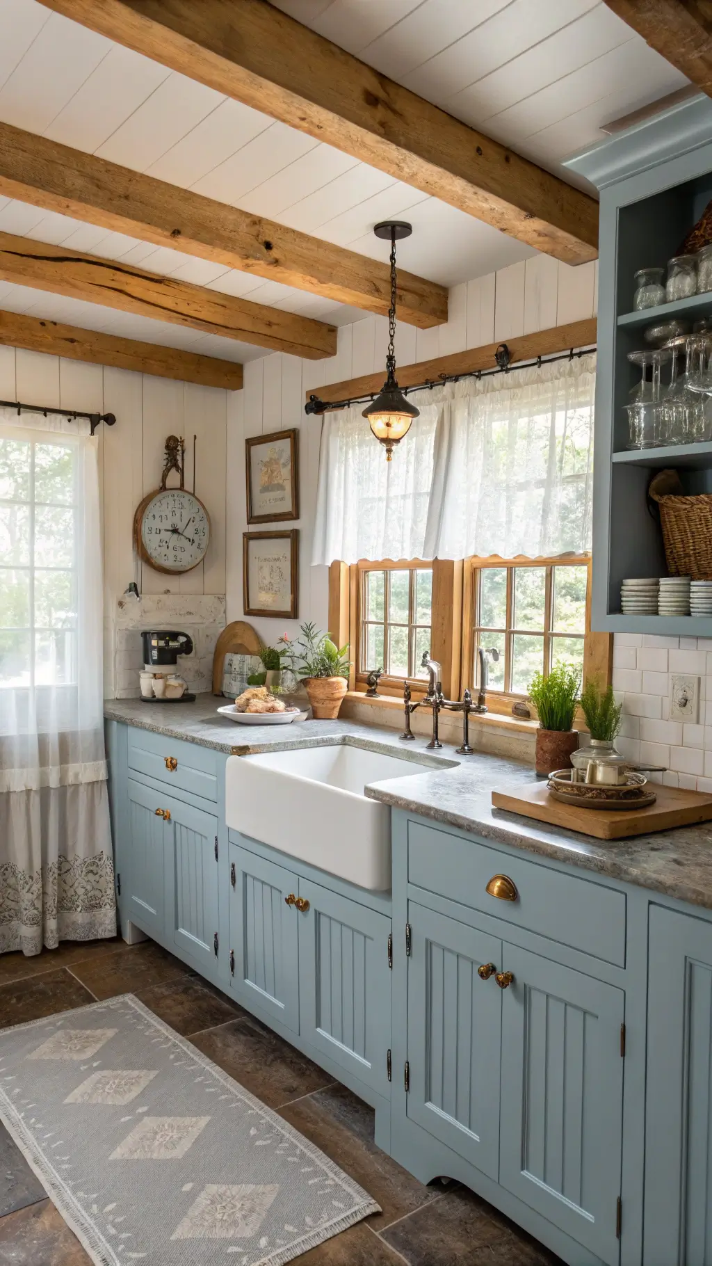 Cornflower blue farmhouse kitchen with wooden beams, beadboard cabinets, a butcher block island, white apron sink, marble counters, and a morning light filtering through lace café curtains