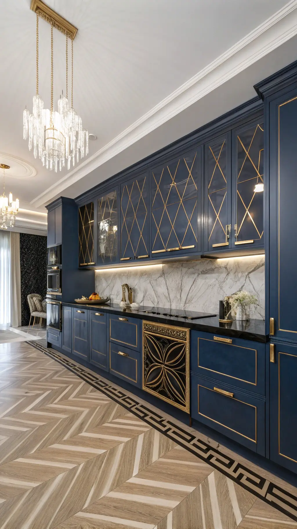Art Deco kitchen with deep cobalt blue cabinets featuring geometric gold inlay, black marble counters, chevron wood floors, and crystal pendant lights reflecting off mirrored backsplash with metallic accents
