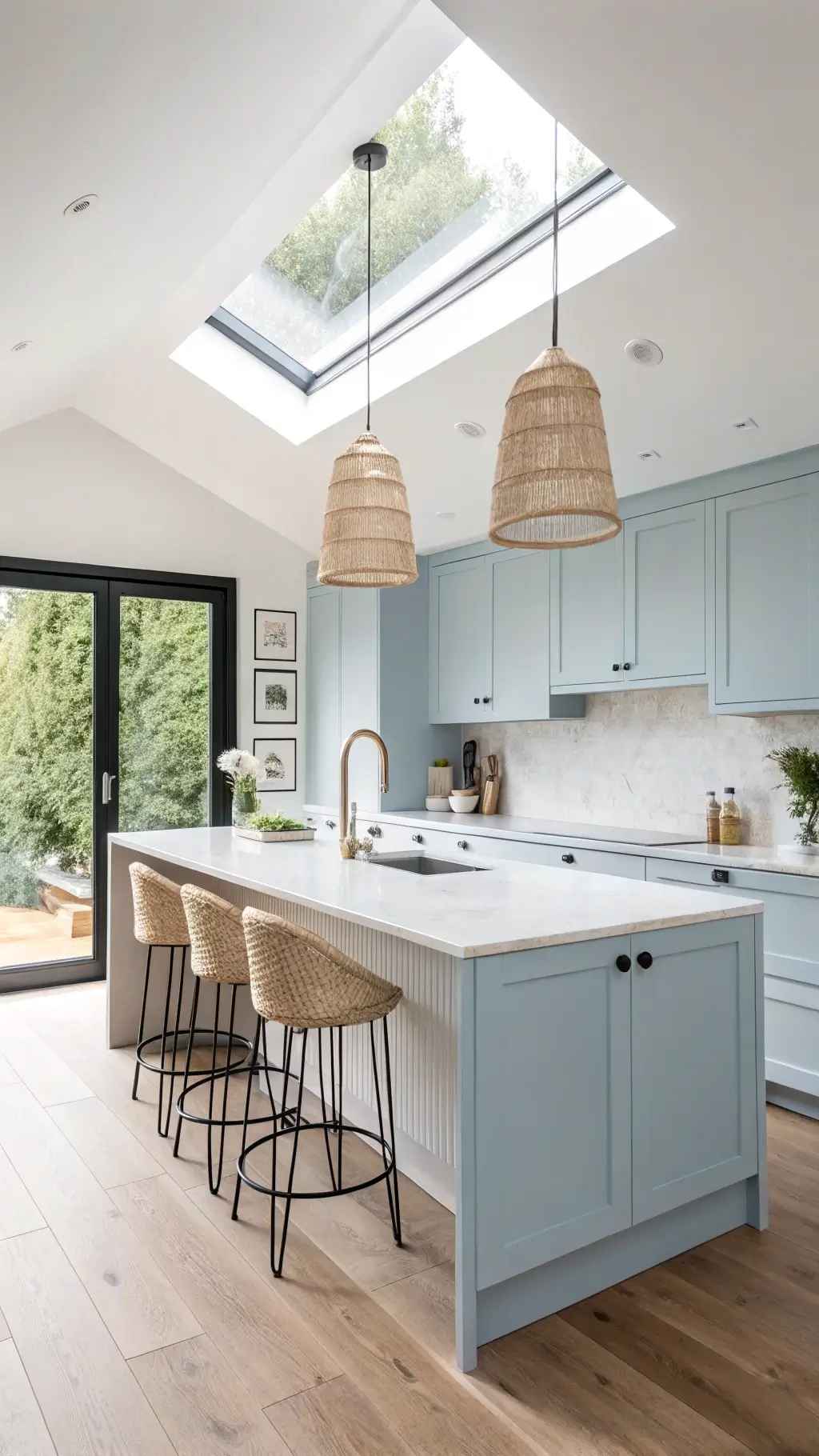 Scandinavian-style kitchen with ice blue cabinets, white concrete counters, black window frames, wooden floors, pale leather bar stools, and woven pendant lighting, featuring a skylight and clean design lines in a bright, minimalist morning atmosphere.