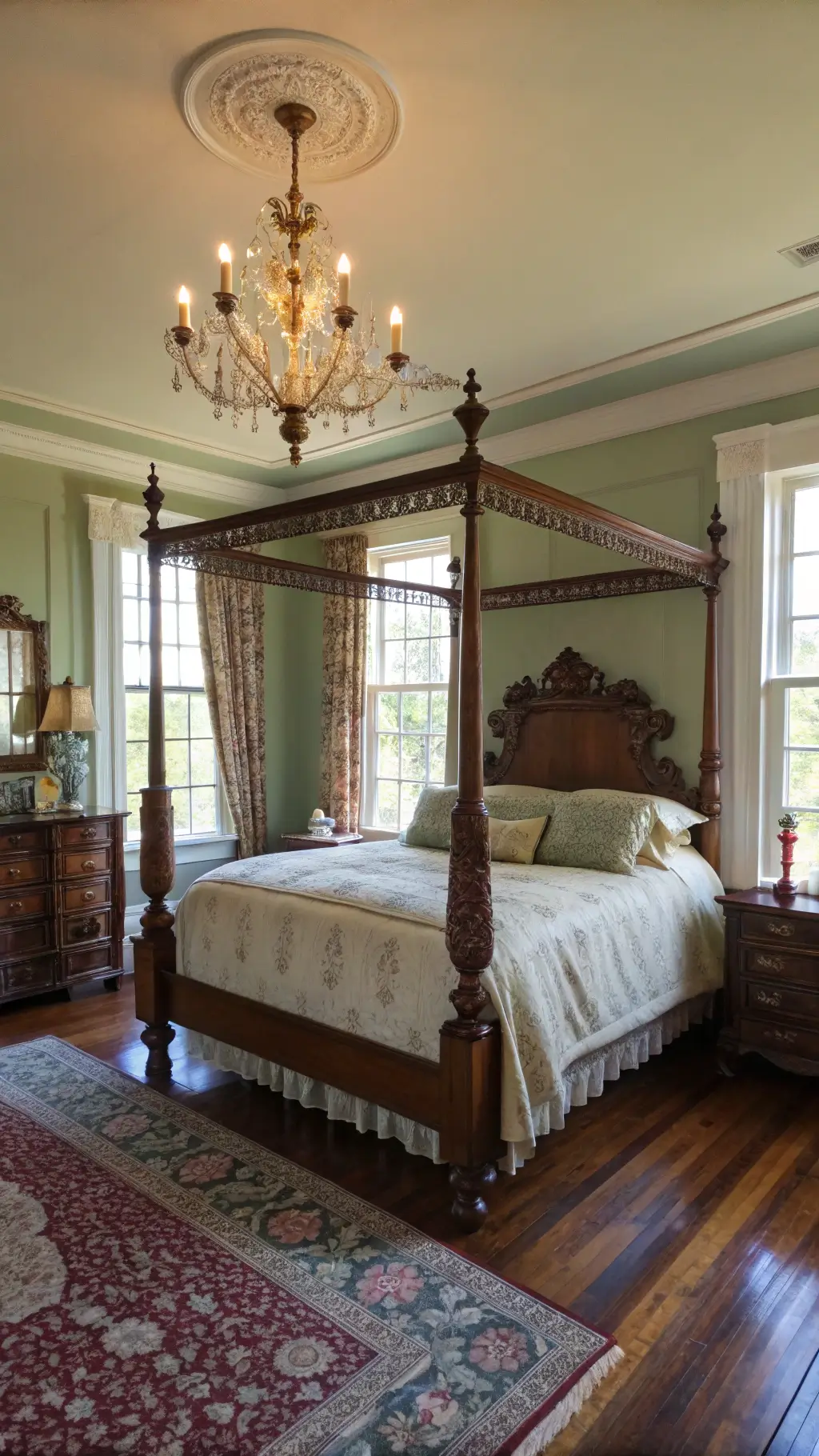 Victorian-style bedroom basked in golden light, featuring a mahogany four-poster bed, a vintage dresser, mercury glass perfume bottles, and a Persian rug on hardwood floors.