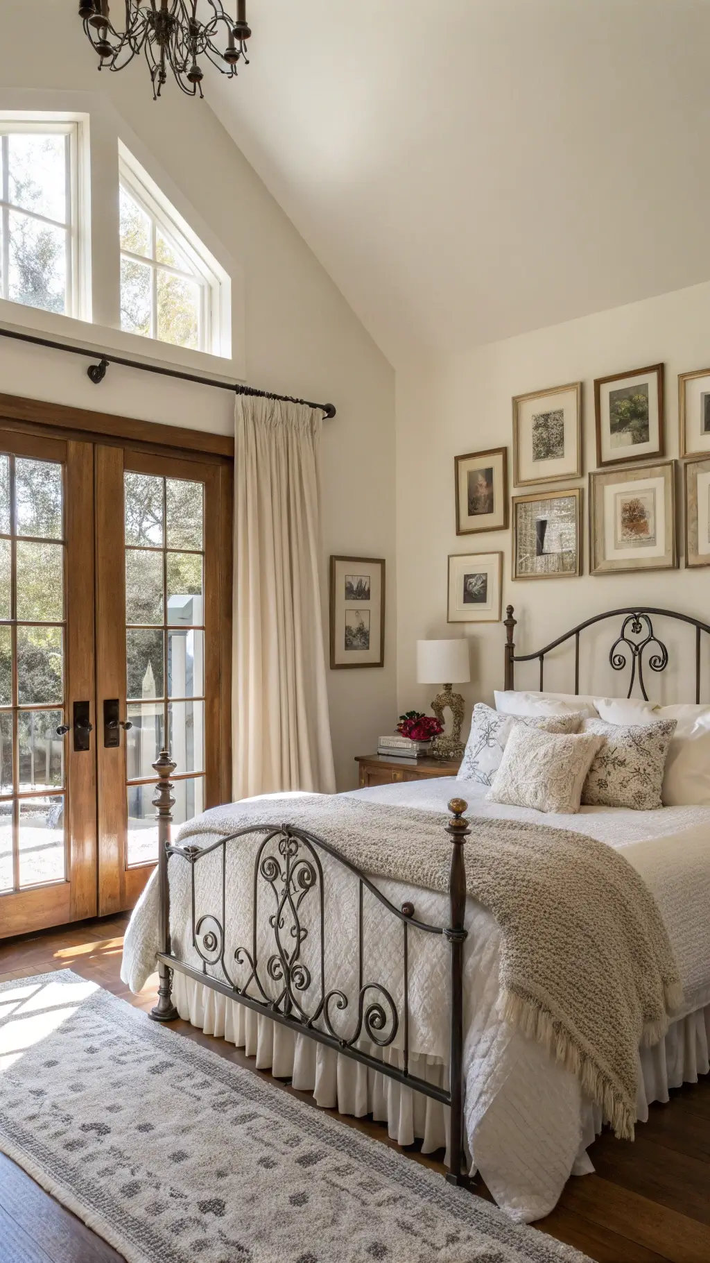 Bright, sunlit master bedroom with ornate iron bed, vintage floral decor, a gallery wall of framed sepia photos, and original wooden doors with crystal doorknobs.