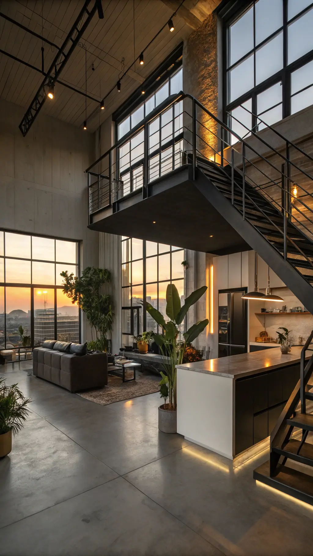 Spacious contemporary loft studio with double-height windows, black steel staircase, polished concrete floors reflecting golden light, matte charcoal floating kitchen island, abstract sculptures, oversized plants, and leather accents in a color palette of charcoal, warm gray, and brushed gold.