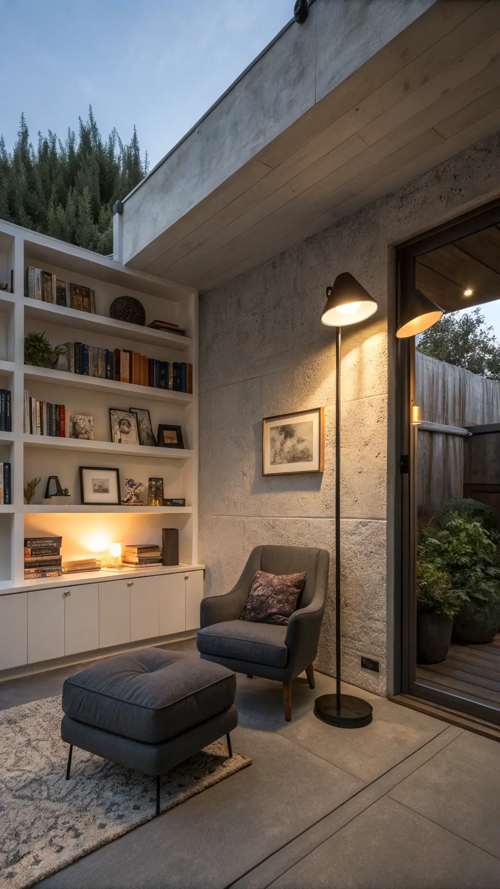 Moody 15x18ft living room at dusk with warm light from a floor lamp reflecting on gray textured walls, a white oak shelving unit filled with ceramics and art books, and a charcoal linen armchair and ottoman in a reading nook.