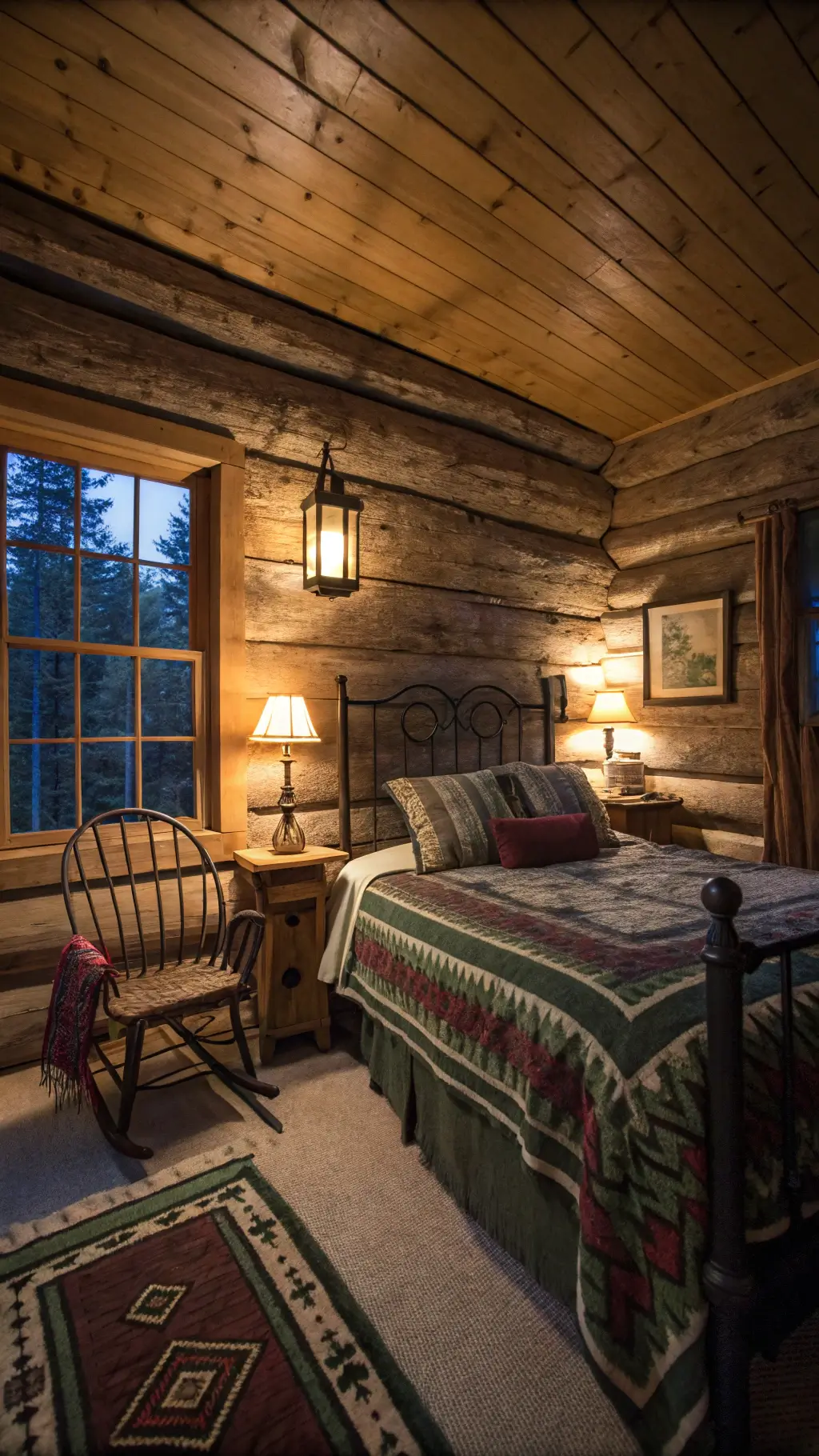 Rustic cabin bedroom at dusk with oil lantern illumination, queen-sized bed with handwoven blankets, vintage rocking chair, and antique photographs on wall.