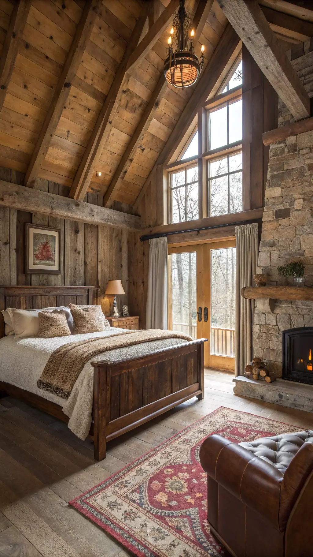 Bright morning light in the master bedroom of a mountain cabin featuring reclaimed barn wood walls, a large sleigh bed with cream linens, a cathedral ceiling with timbers, a stone fireplace with logs, and a sitting area with a leather armchair and ottoman.