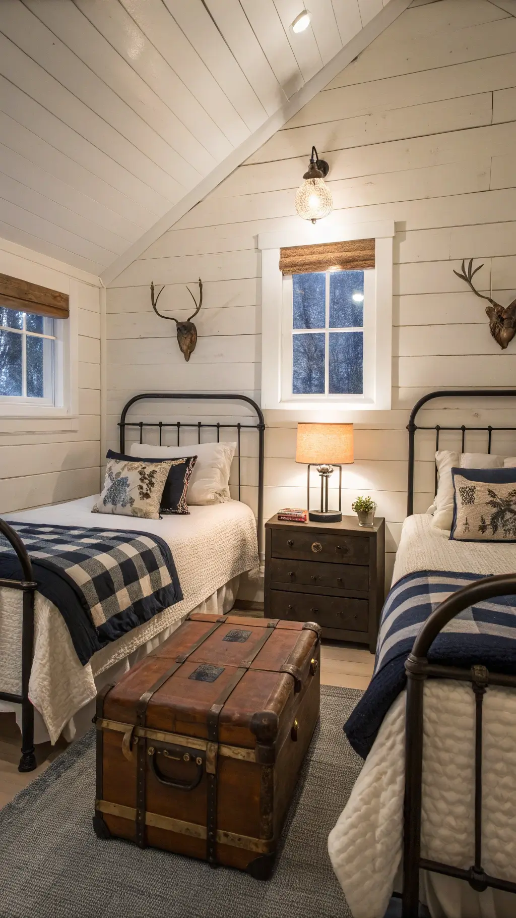 Midnight view of a cozy 10x12ft cabin bedroom with moonlight highlighting the whitewashed pine walls, twin iron beds with patchwork quilts, vintage steamer trunk nightstand and mounted antlers holding knit accessories.