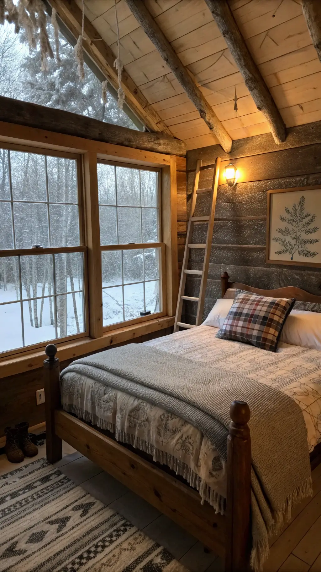 Bird's eye view of a cozy 11x13ft cabin bedroom with a double bed covered in Hudson Bay blankets, vintage snowshoes and skis on walls, and frost patterns on windows.