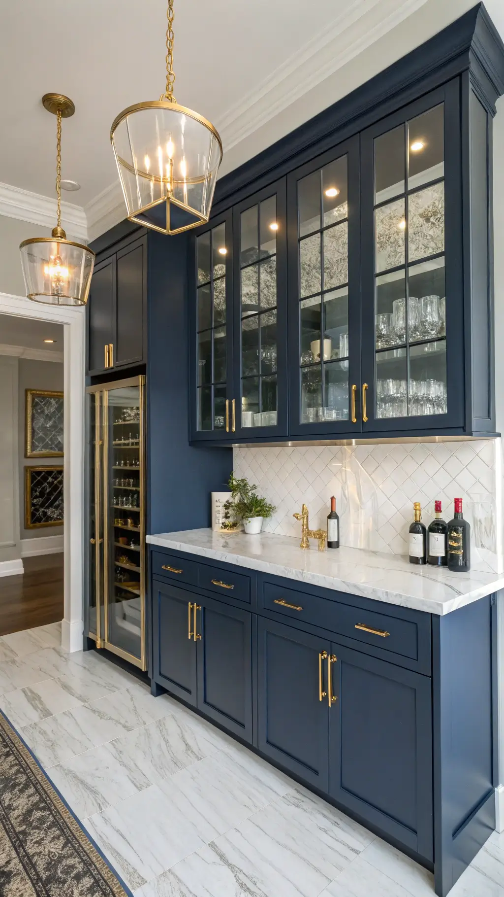 Medium shot of a luxurious 20'x15' bar area with floor-to-ceiling navy cabinetry, brass hardware, glass-front upper units, white marble countertop, integrated wine fridge, ice maker, antique mirror backsplash, and floating brass shelves under art deco pendant lights.