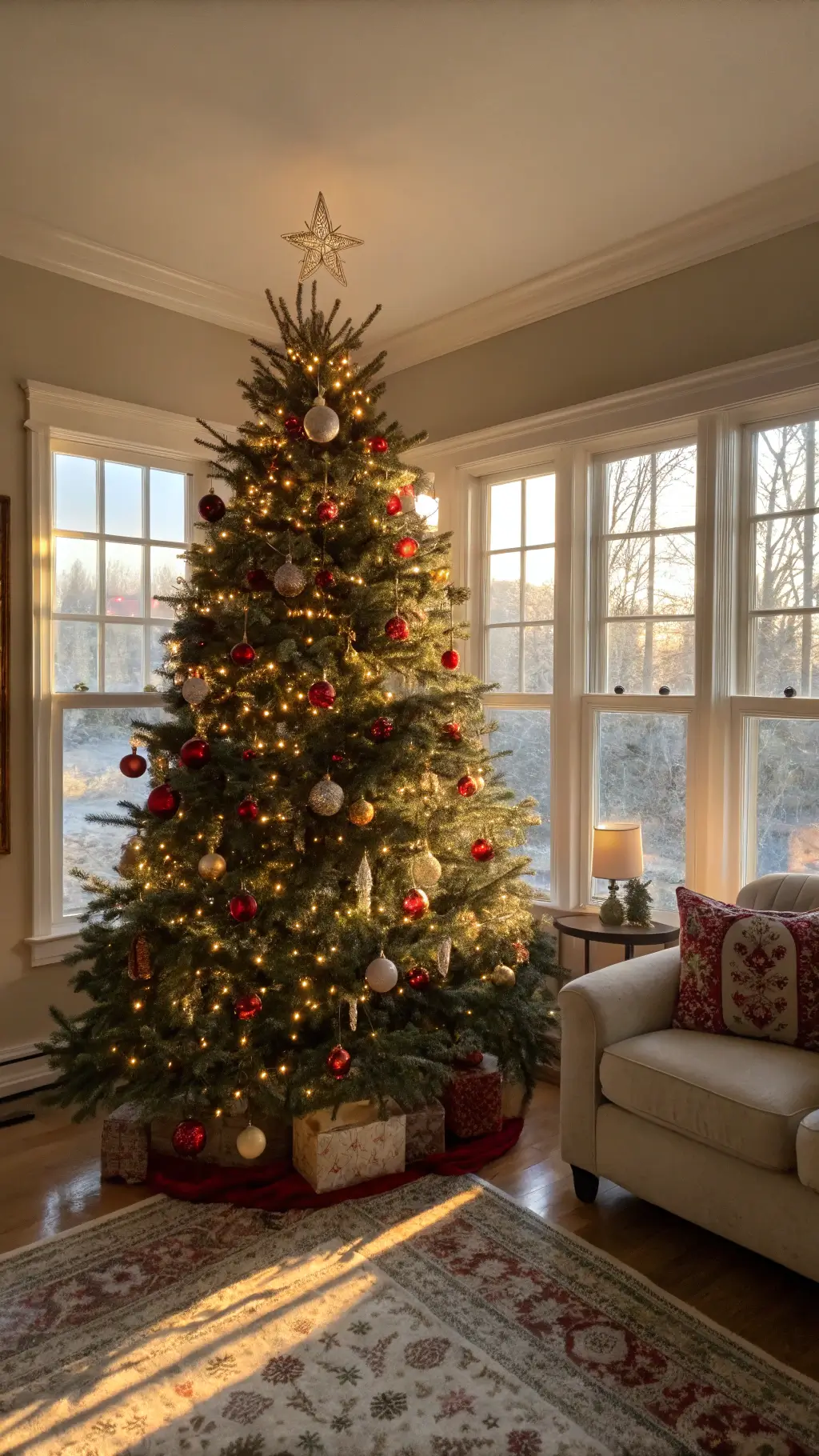 Golden hour sunlight streaming onto a decorated Noble Fir in a cozy living room with Persian rug, cream sofa and brass side table.
