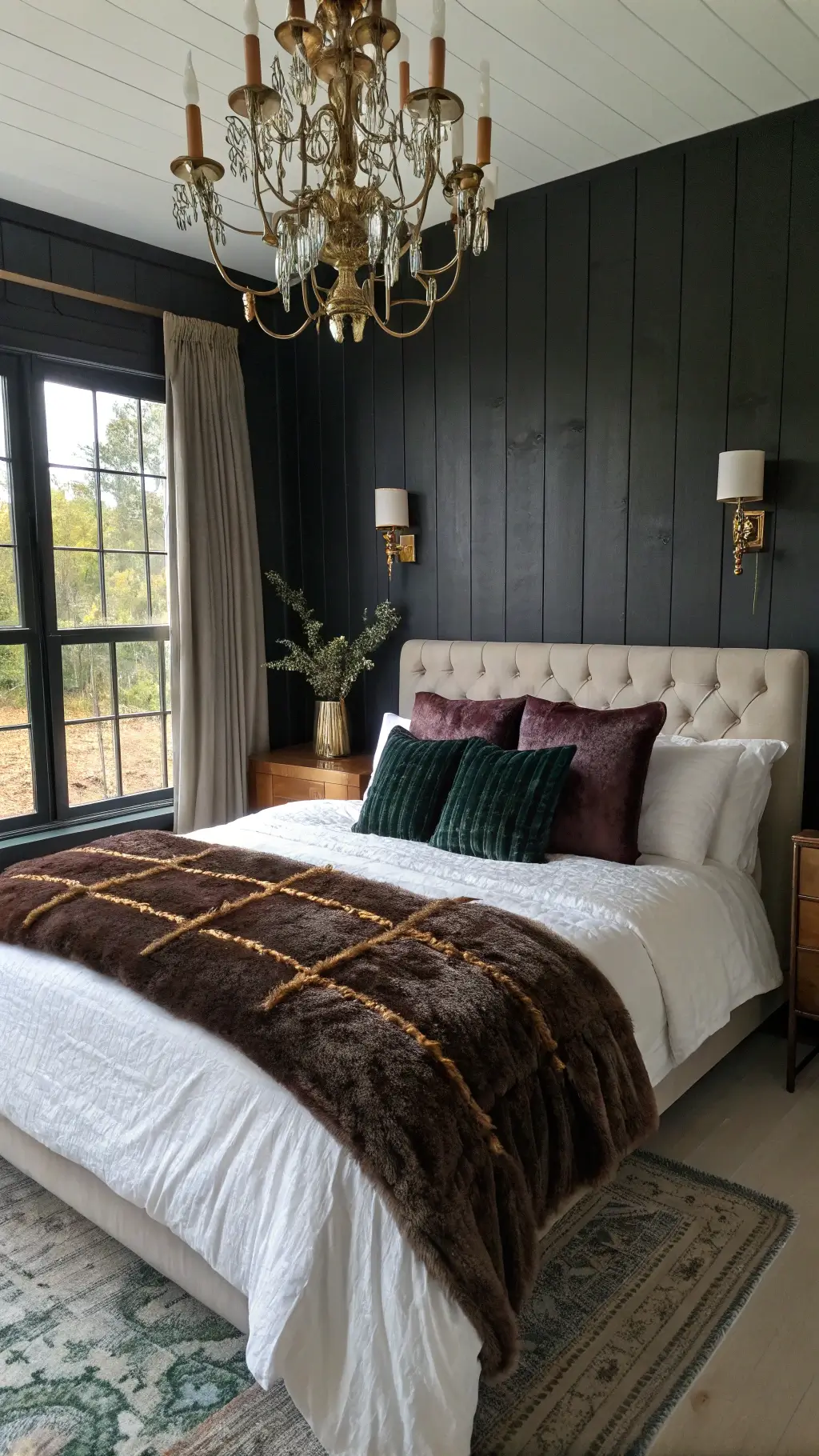 Bird's eye view of a styled bed with white linen, charcoal quilt and faux fur throws against a black shiplap wall, with emerald, plum, and gold pillows, under a vintage brass chandelier, lit by natural light from a left window.