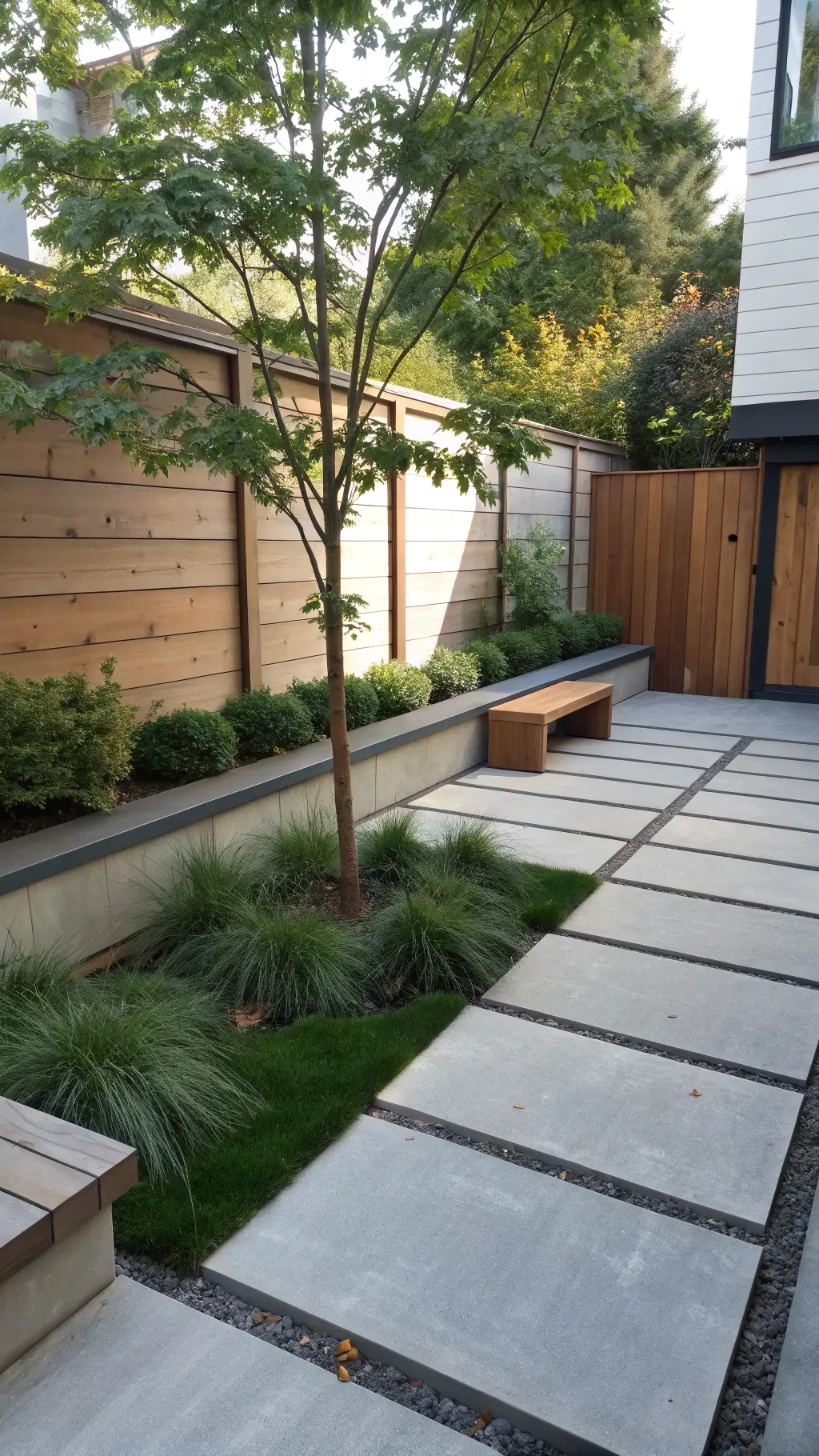 Aerial view of a modern minimalist 16x20ft garden with concrete pavers outlining paths, mass plantings of Japanese forest grass, a central maple tree, and a built-in concrete bench with a floating wooden seat, bathed in clean afternoon light casting sharp shadows.