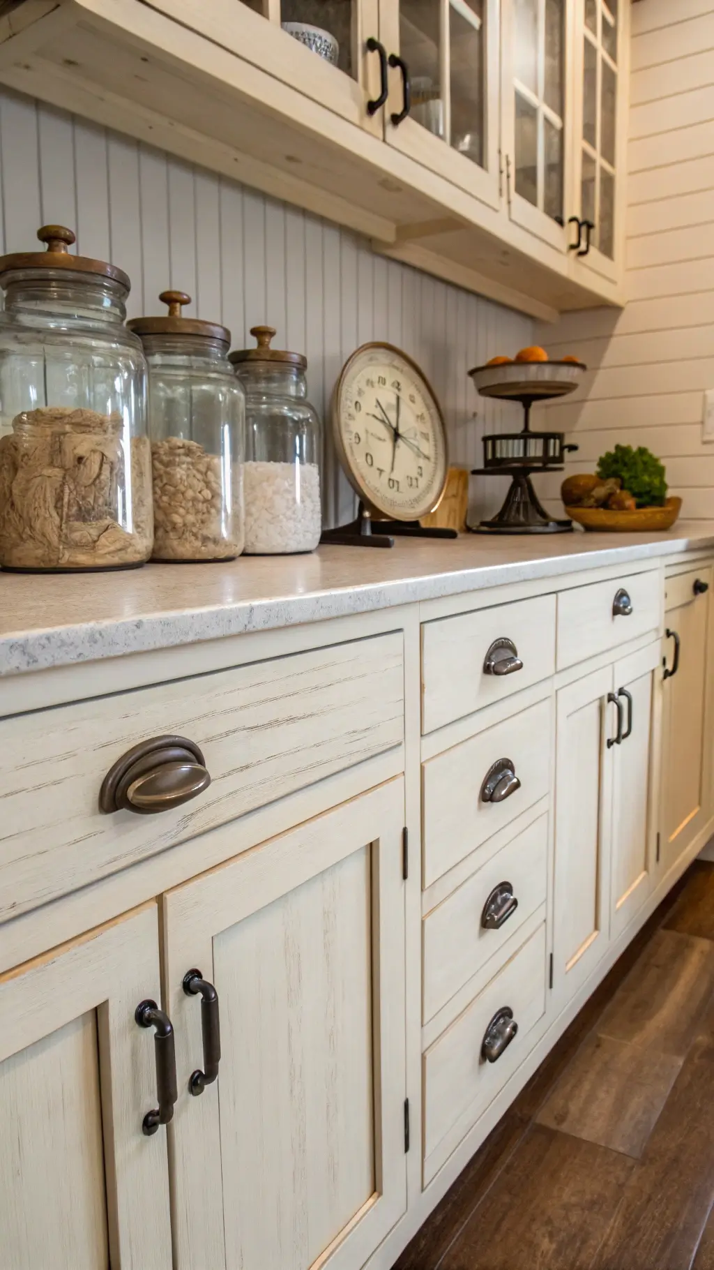 Close-up view of a U-shaped kitchen workstation with white distressed maple cabinets, bronze knobs, glass canisters, vintage scales and shiplap backsplash, shot with natural side lighting.