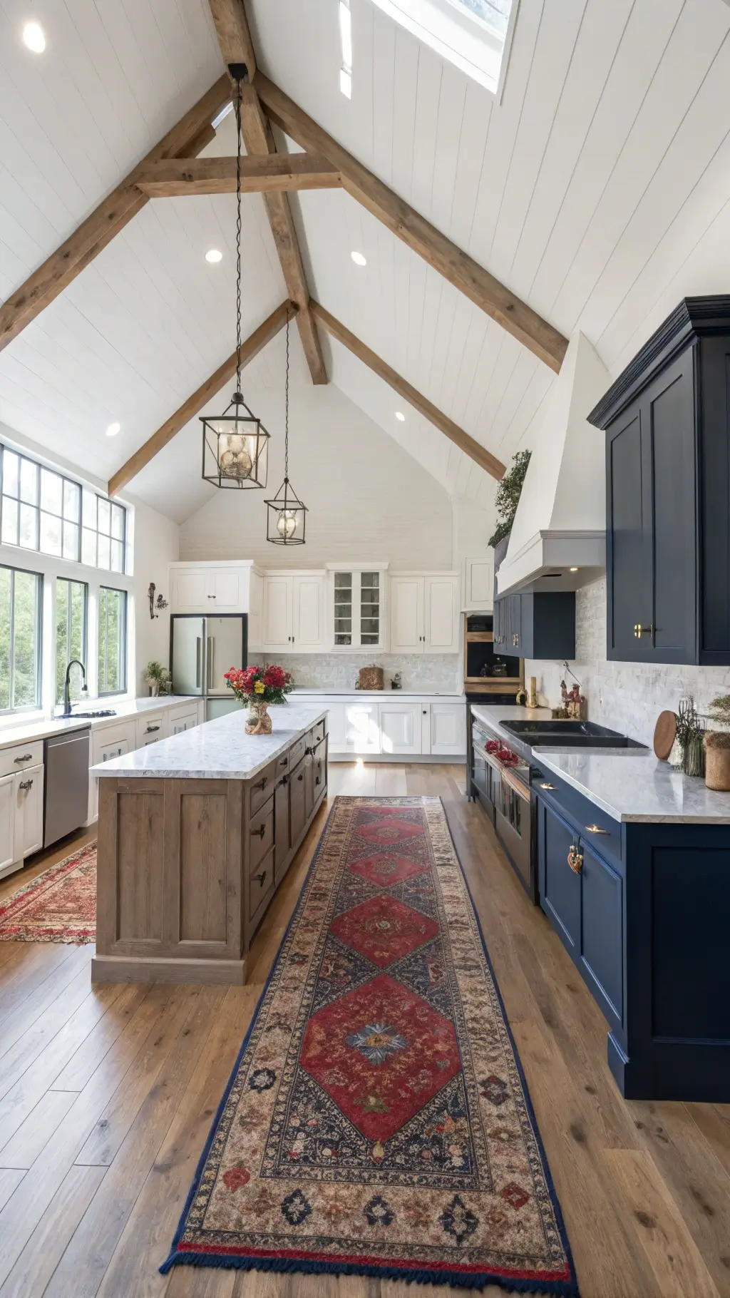 Bird's eye view of a spacious modern farmhouse kitchen with cathedral ceiling, two-tone cabinets in deep navy and white, centered island with weathered oak base, and a vintage rug in muted reds and blues.