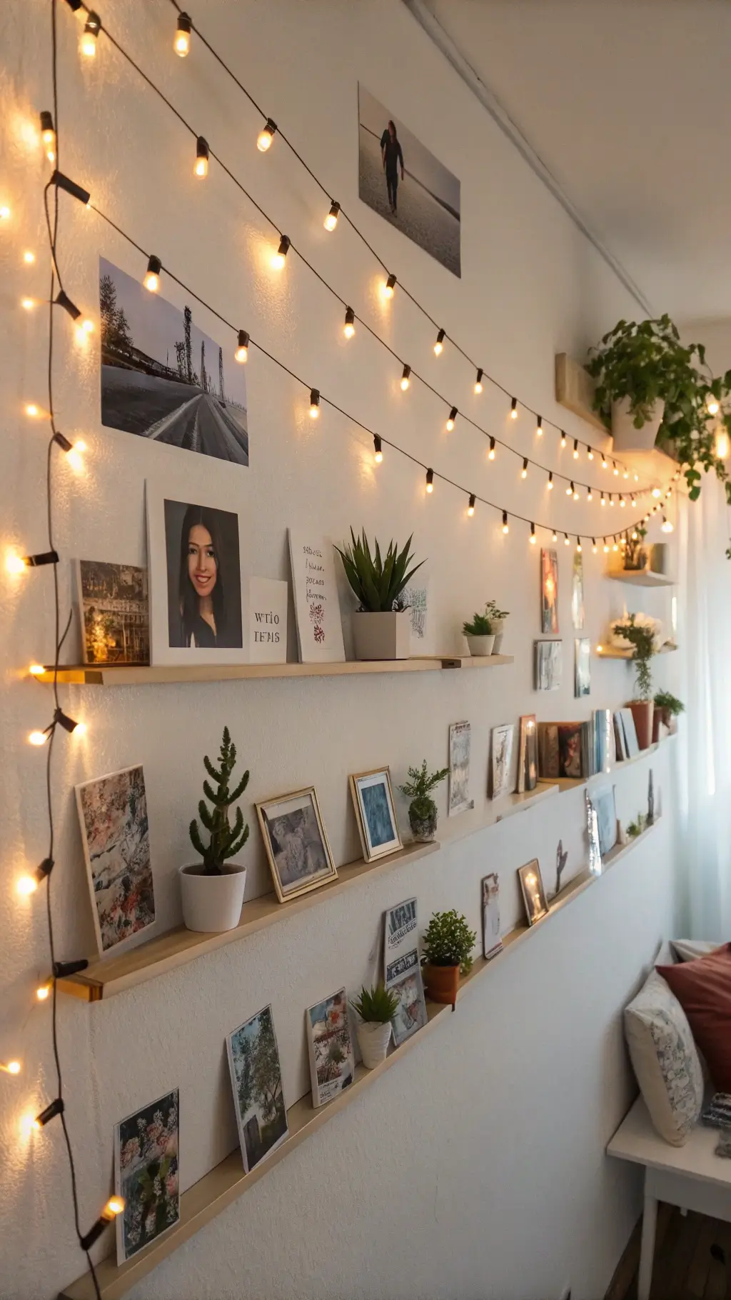 Bohemian modern dorm room with asymmetrical photo gallery, fairy lights, floating shelves with succulents and books on a white wall, captured in the late afternoon.