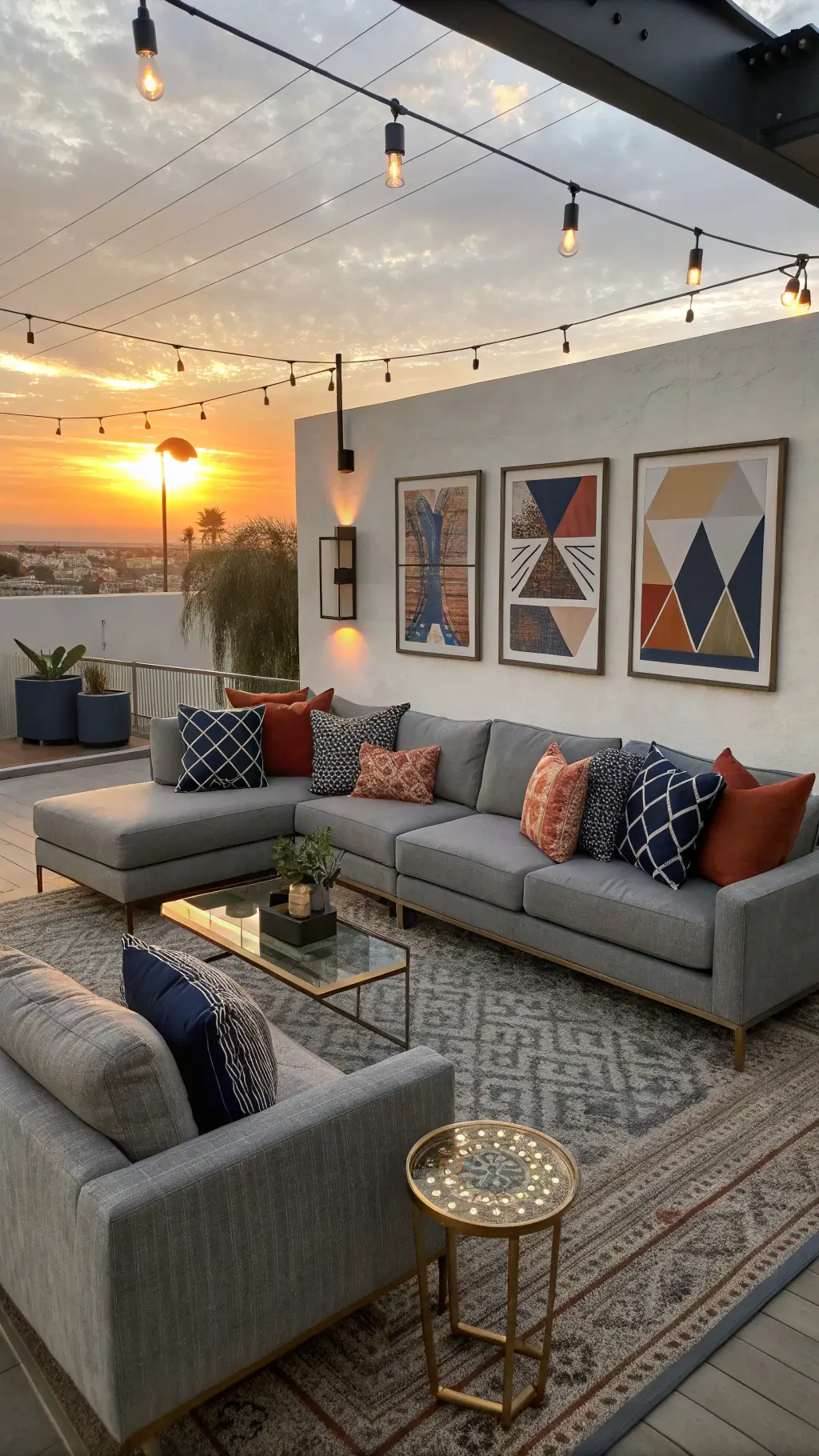 Sunset view of spacious open-concept living room with L-shaped grey sectional, geometric print pillows, modern abstract art, and brass and glass coffee table.