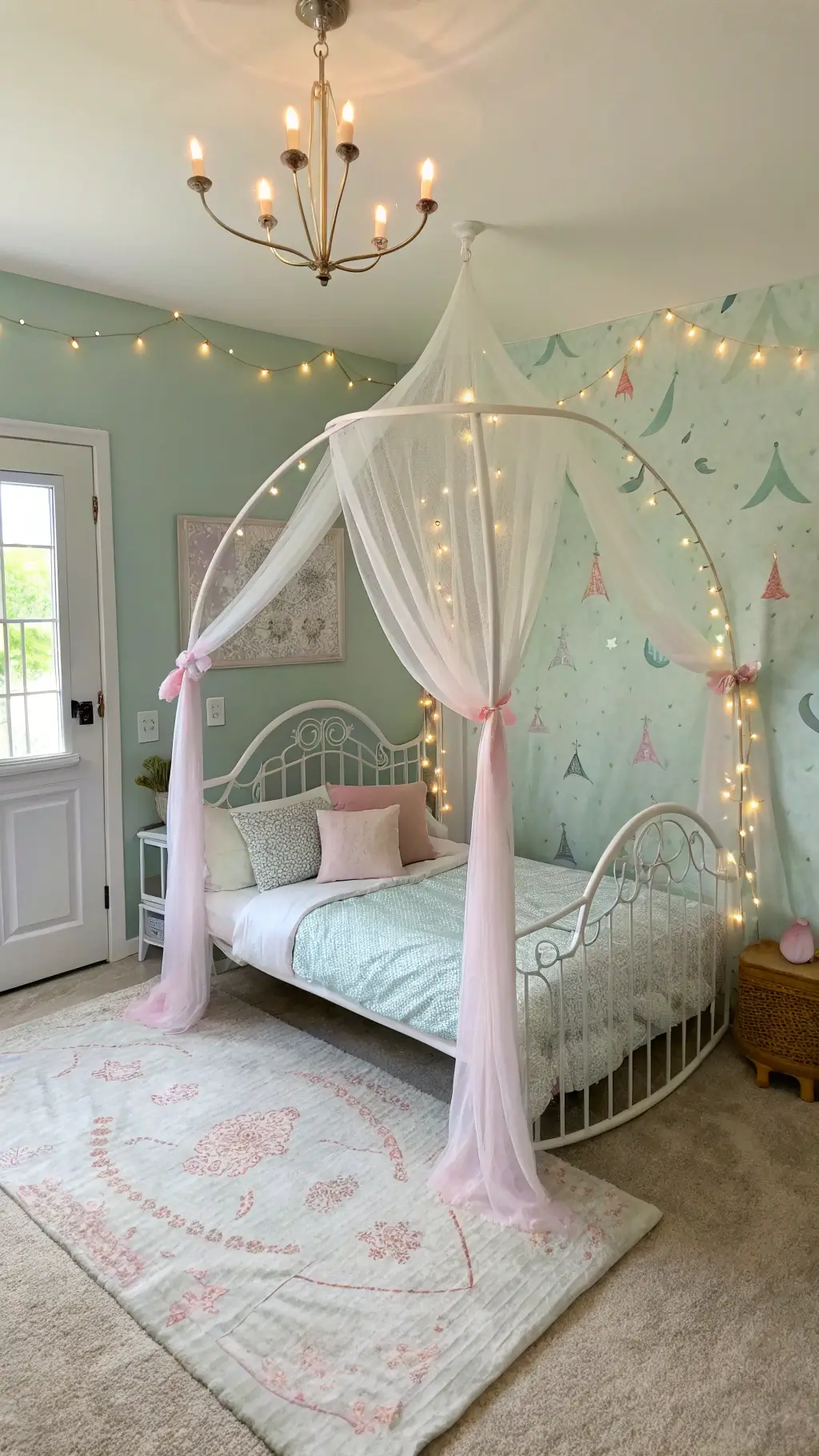 A whimsical children's bedroom bathed in morning light, featuring a white metal canopy bed with pink ribbon posts, pastel wallpaper, plush mint green rug, and twinkling fairy lights.