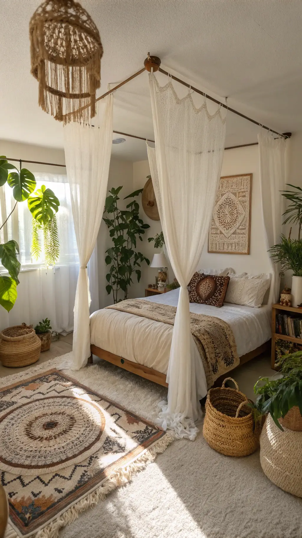 Bohemian 12x14ft bedroom at midday featuring DIY canopy with copper pipes and ivory cotton panels, macramé wall hanging, vintage Moroccan rug, abundant plants, rattan accent furniture and woven baskets, shot from corner with shadow play from the plants in bright natural light.