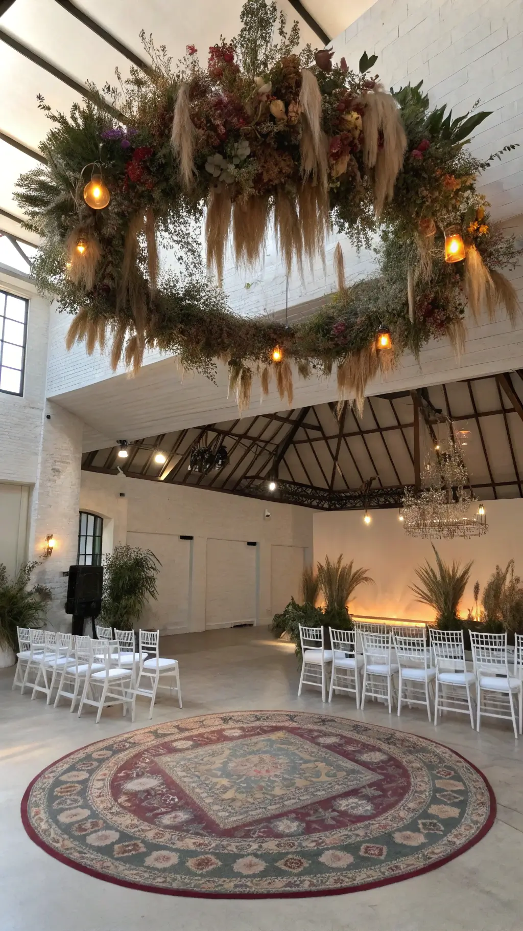 Overhead shot of a modern canvas venue with a suspended floral installation, circular seating arrangement with ghost chairs, central dance floor with vintage Kilim rugs, and warm uplighting.