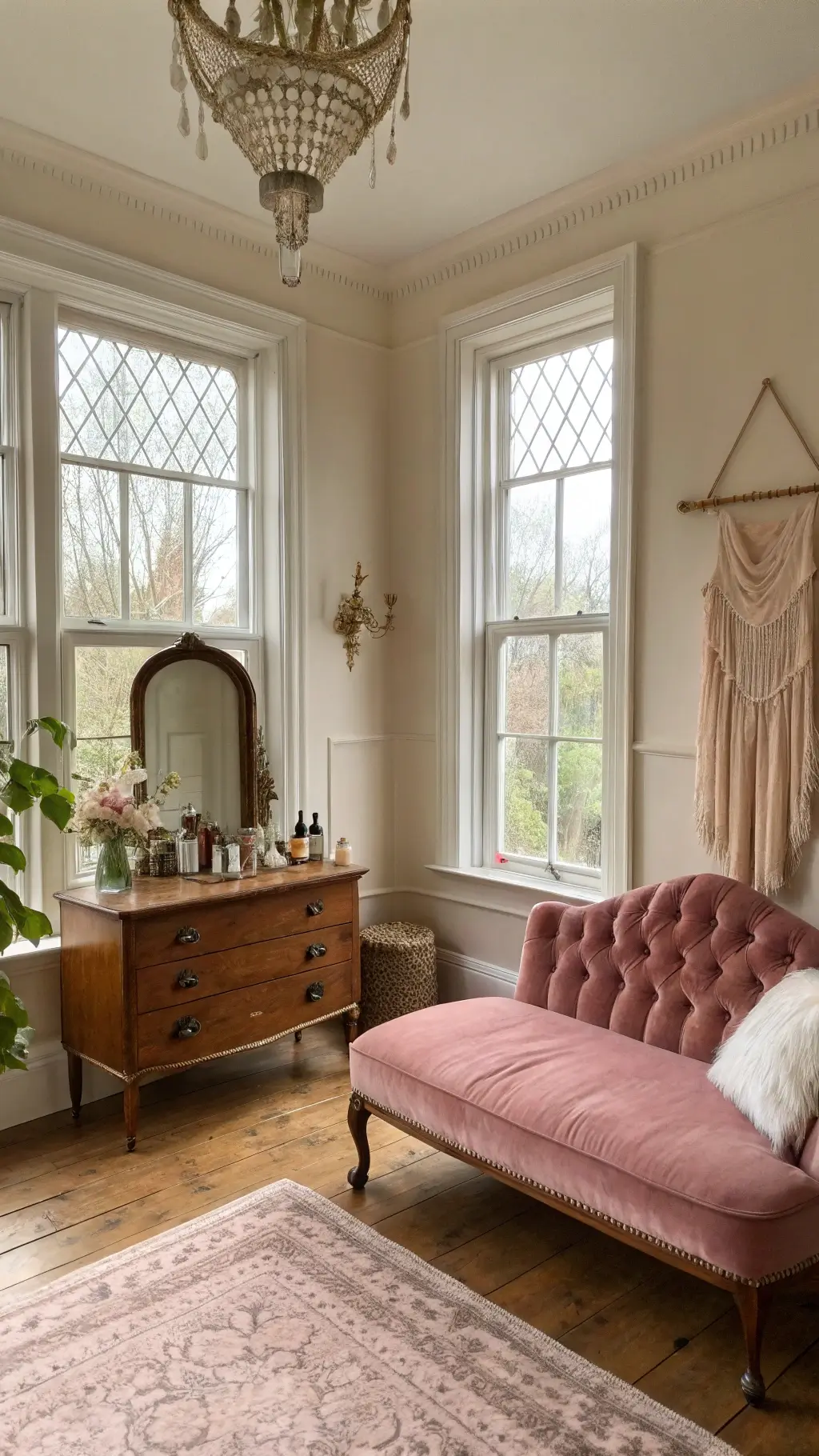 Stylish getting-ready suite with Victorian windows, vintage vanity, velvet chaise, antique mirror, hardwood floors, and macramé wall hanging in soft morning light.