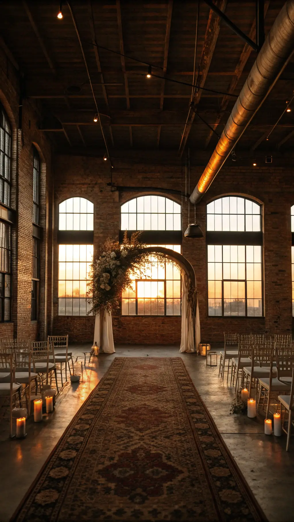 Elevated view of a moody industrial loft wedding ceremony space with rustic decor, vintage rugs, pillar candles, a minimalist copper arch with flowers, and ghost chairs during sunset.