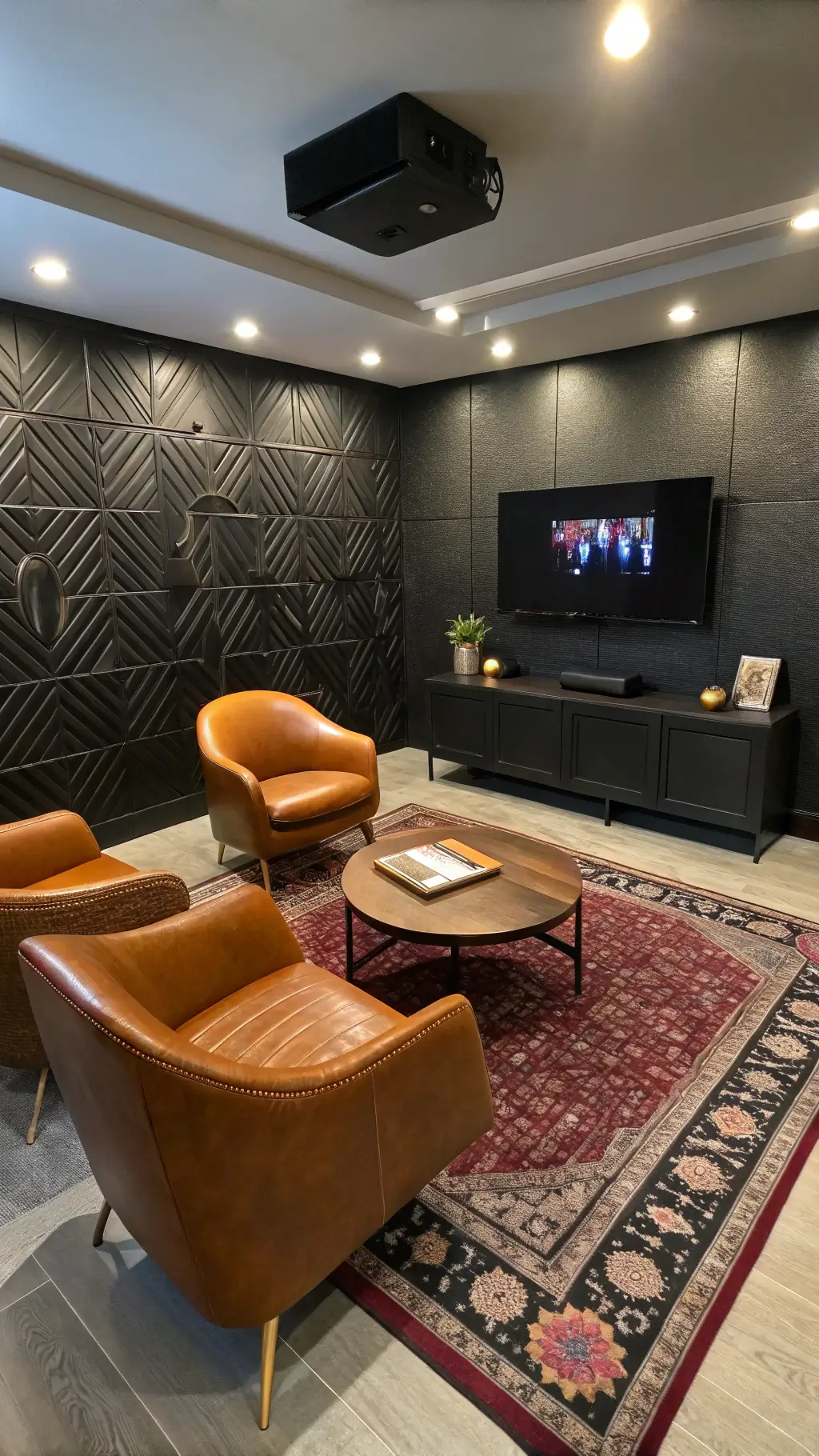 Modern media room with black textured shiplap accent wall, mounted TV with LED backlighting, mid-century modern leather armchairs, geometric brass coffee table, and vintage Persian rug, illuminated by ambient studio lighting.