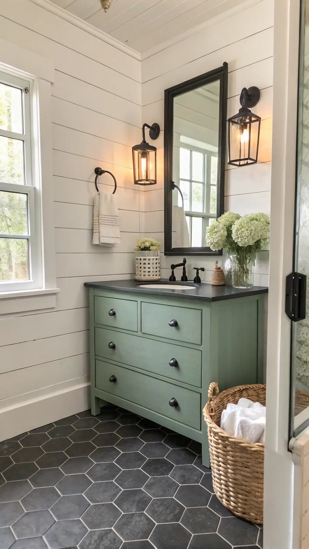 Rustic 6x8ft modern farmhouse bathroom with shiplap accent wall, charcoal hexagon floor tiles, sage green vintage vanity, black-framed medicine cabinet with milk glass sconces, and fresh hydrangeas in a metal pitcher.