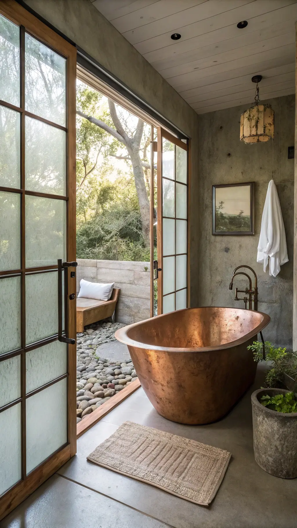 Tranquil modern wabi-sabi bathroom bathed in early morning light, featuring a freestanding patinaed copper tub, concrete walls, and organic textures of stone, metal, wood, and textiles in hues of oxidized green, gray, and warm wood tones.