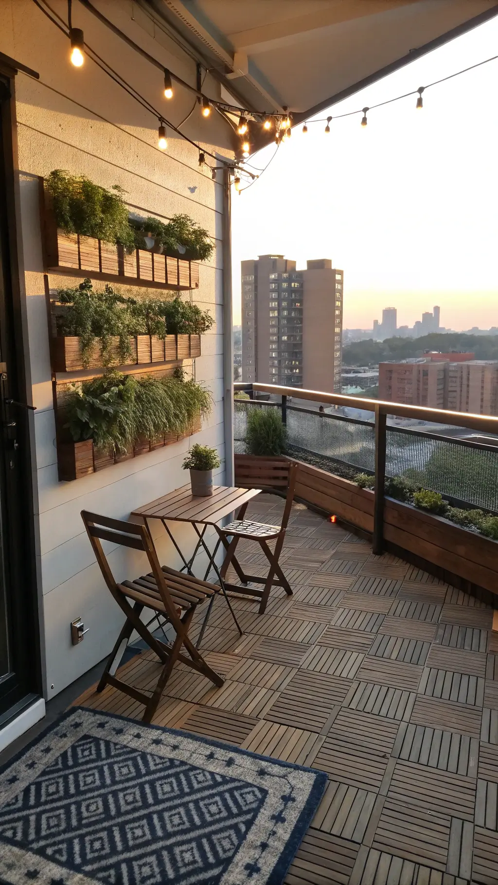 Urban balcony with teak furniture, herb garden in copper planters, and bamboo tiles during golden hour, with city views in soft focus.