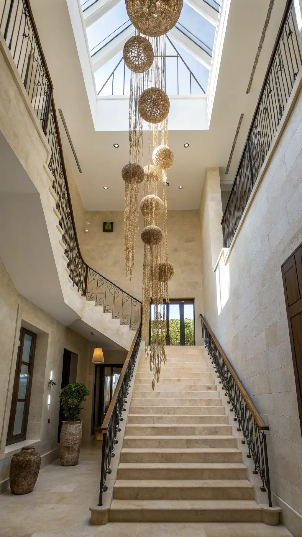 Double-height entrance foyer with Wabi Sabi pendant installation cascading down stairwell, limestone floors, hand-applied plaster textured walls, minimal furniture, and natural skylight.