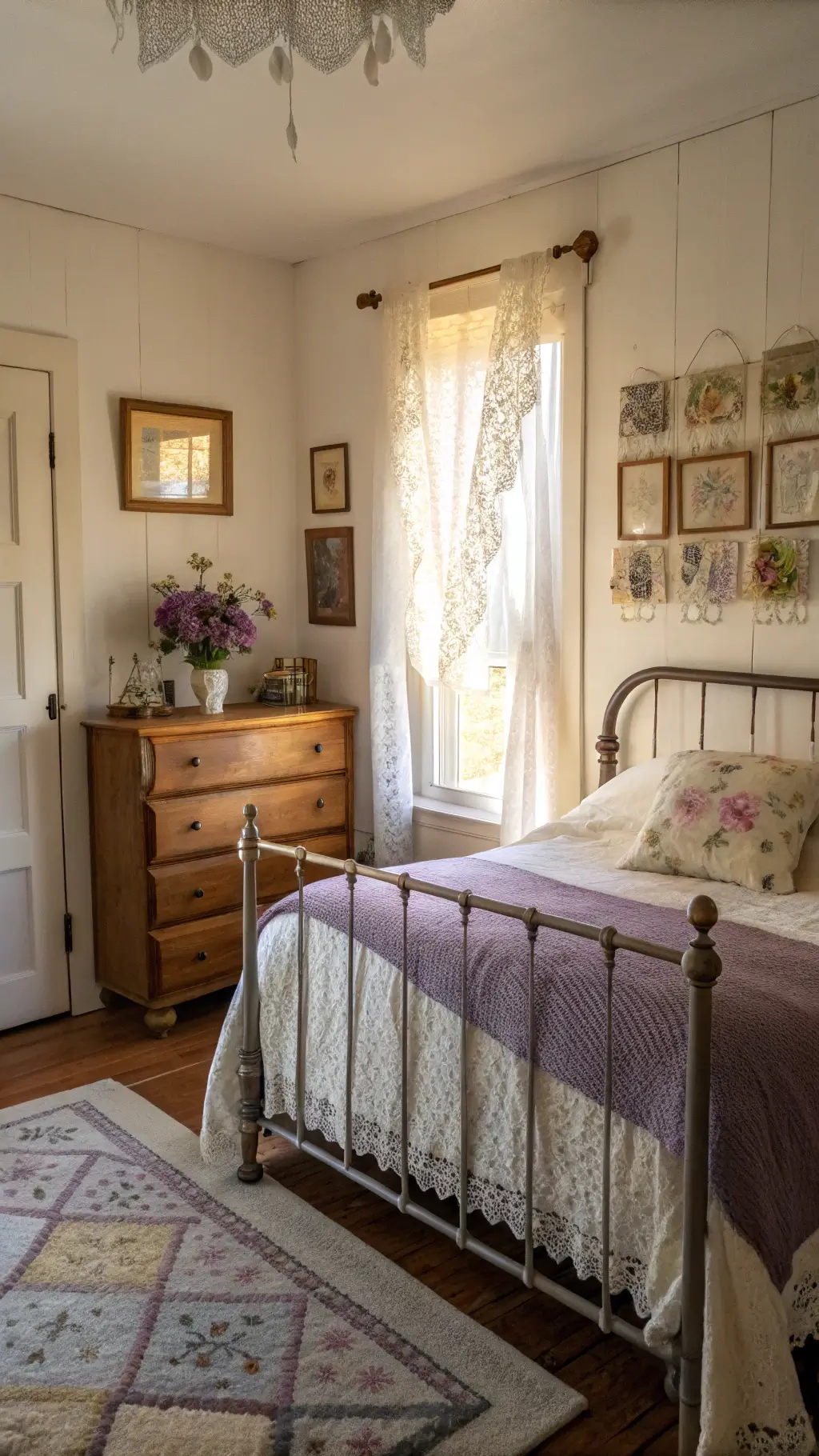 Vintage heirloom bedroom with layered linens on iron bed, weathered dresser with perfume bottles, and pressed flower art on floral wallpaper, bathed in late afternoon light.