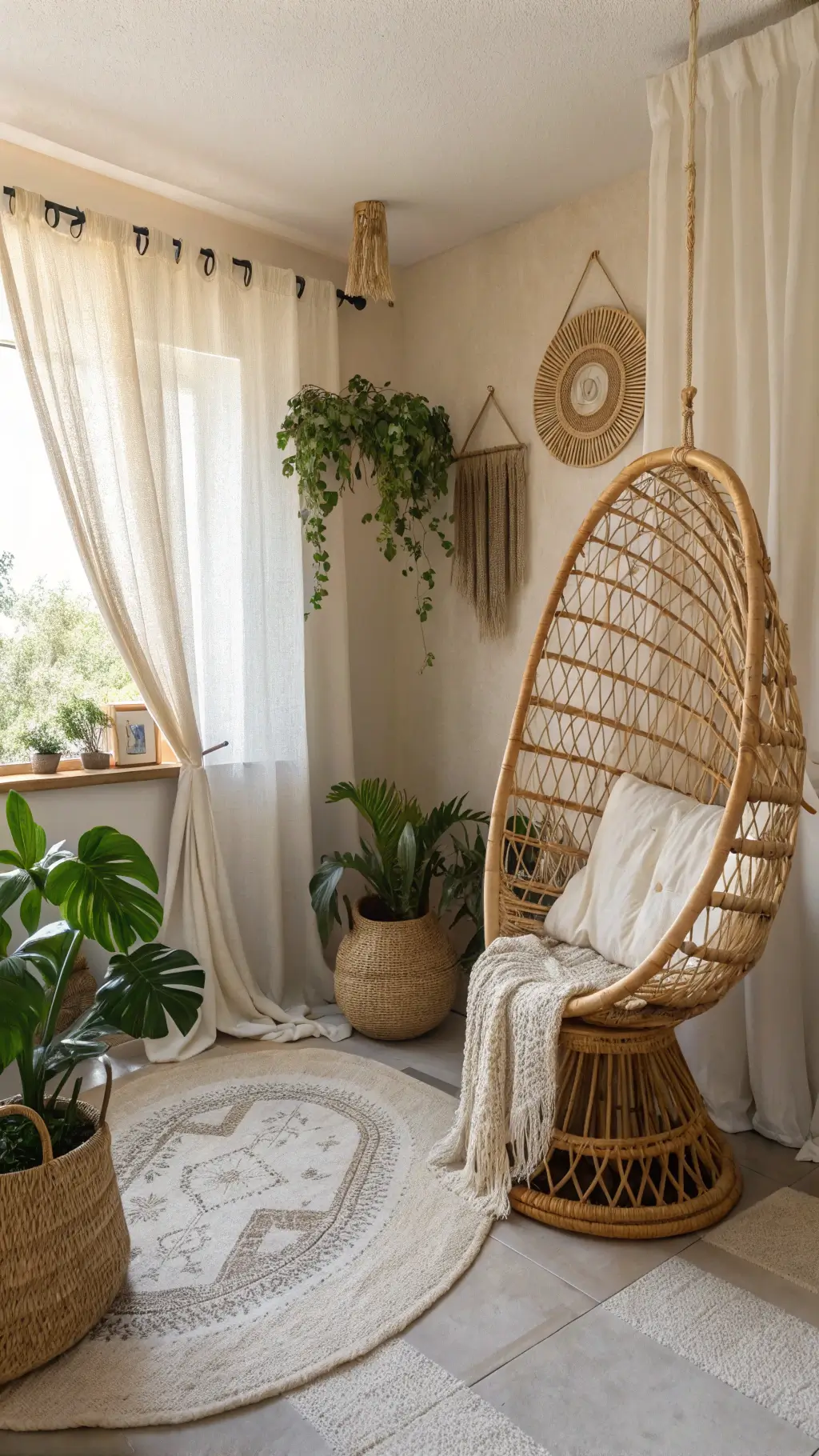 Bright and airy boho bedroom with rattan peacock chair, macramé plant holders, vintage kilims on concrete floor, and floor-length linen curtains.