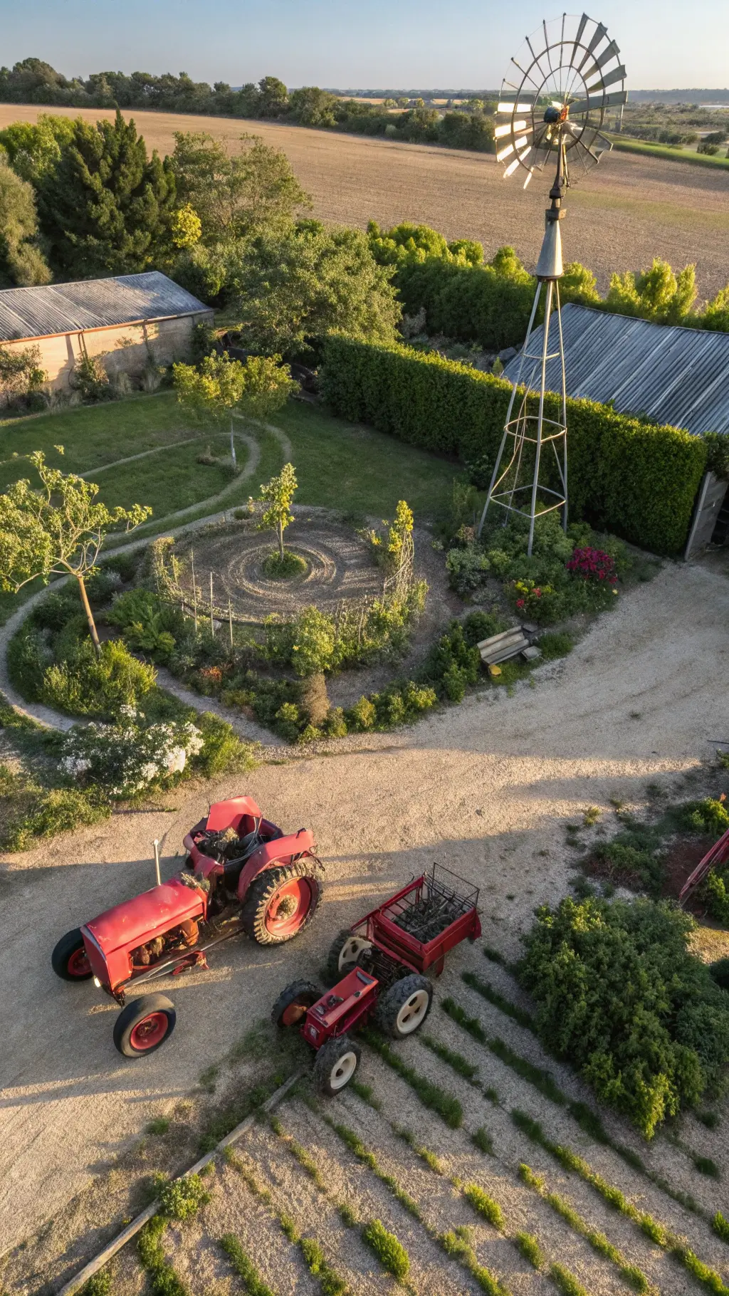 Overhead drone image of a large country garden with vintage agricultural equipment, a red tractor with climbing clematis, a tall weathered windmill casting long shadows on gravel paths, metal gears placed geometrically, in earth tone colors with rust red and verdigris green accents.