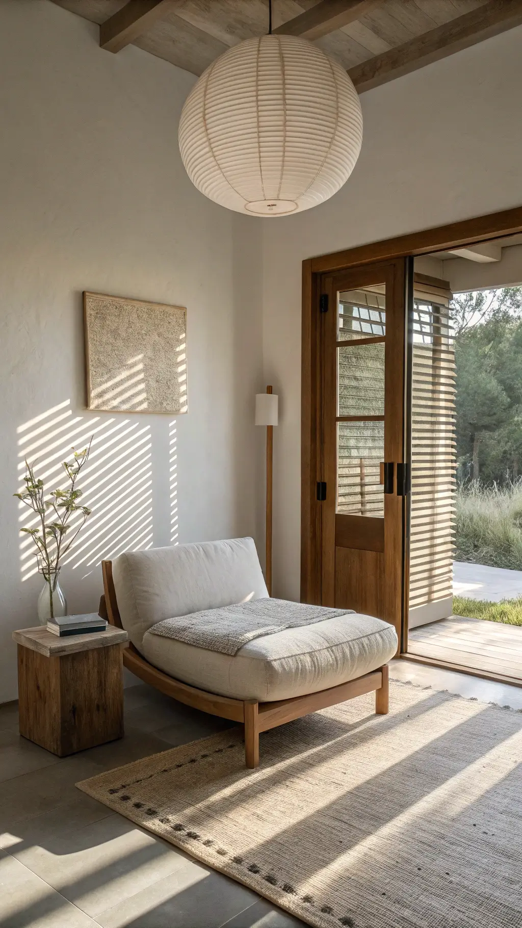 Minimalist 14x16ft guest room featuring a petite Japandi slipper chair in stone-washed canvas, flanked by a floating nightstand and paper lantern floor lamp. A handwoven wall hanging adorns the wall above, with morning light casting shadow patterns through slatted blinds. Room decorated in natural canvas, bleached pine, and white plaster for a peaceful ambiance.