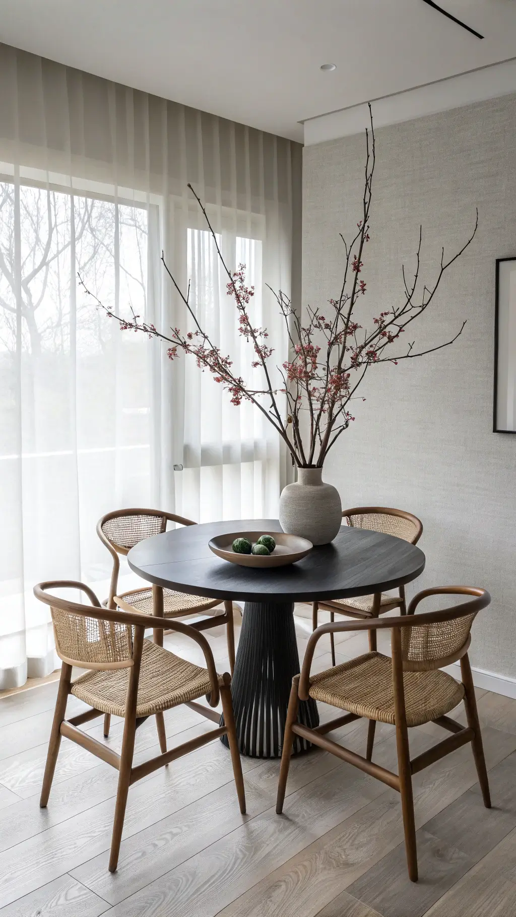 Minimalist dining room with black oak table, four wooden chairs, an oversized ceramic vessel with cherry blossoms, rice paper blinds filtering sunlight, and pale gray walls against white oak flooring.