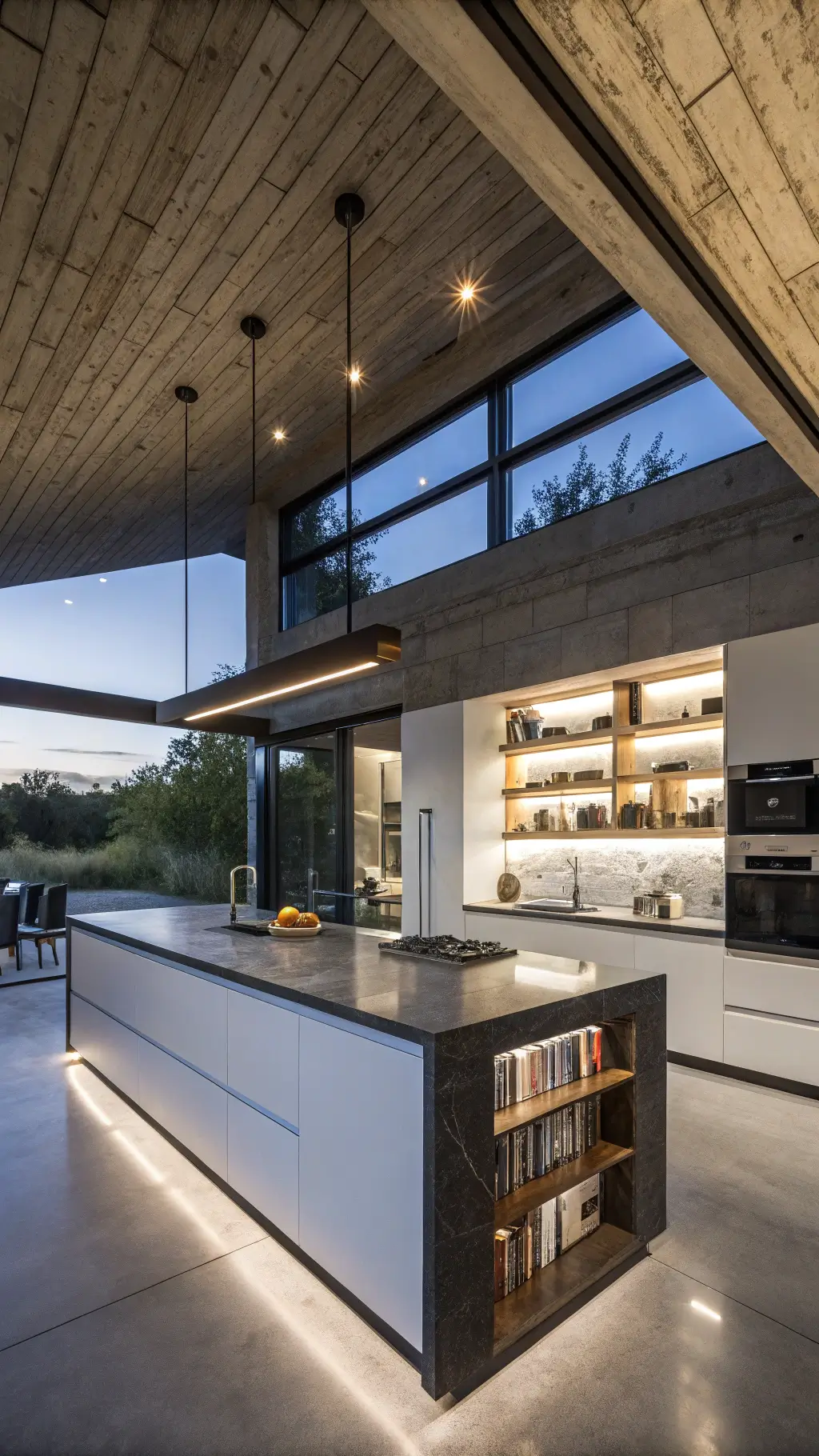 Architectural kitchen with 12ft ceilings, exposed concrete beams, black granite island with underlighting, white cabinetry with Gaggenau appliances, copper pendant lights, and walnut shelves with artisanal ceramics and cooking books.