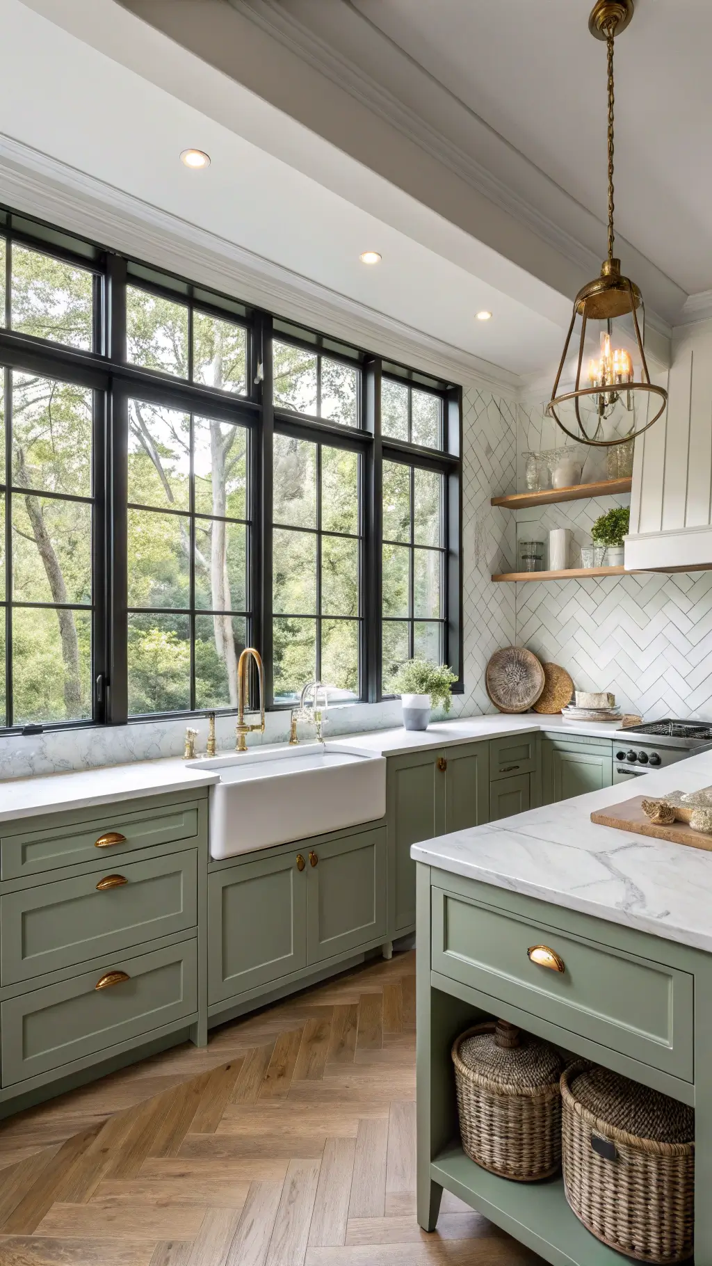 Above view of a sophisticated corner kitchen with sage green cabinetry, white marble island, and herringbone oak floors, bathed in afternoon light.