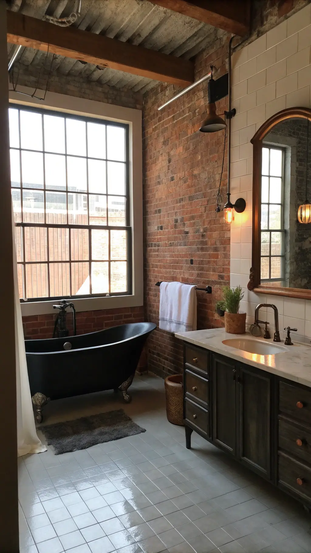 Spacious bathroom with black cast iron tub, oak vanity, copper sink, subway tile walls, and vintage towel storage bathed in morning and warm artificial light