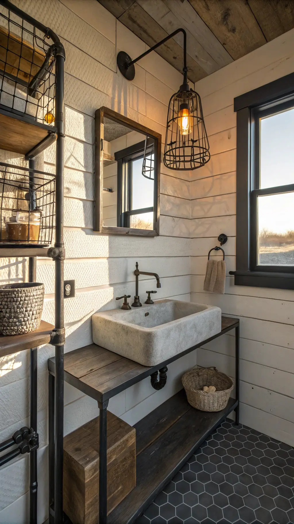Industrial farmhouse bathroom with black pipe shelves, concrete sink, vintage mirror, and hexagonal slate grey tiles at golden hour